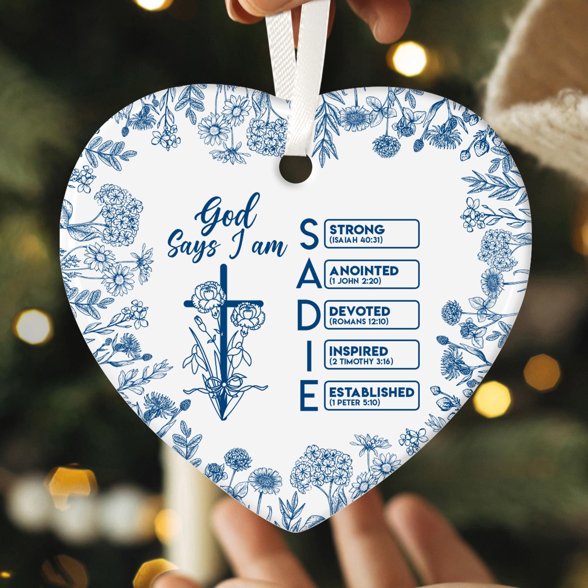 Personalized Christian Name Ornament with Bible Verse, God Says I Am Toile De Jouy Ornament, Christian Christmas Ornament, Religious Gift