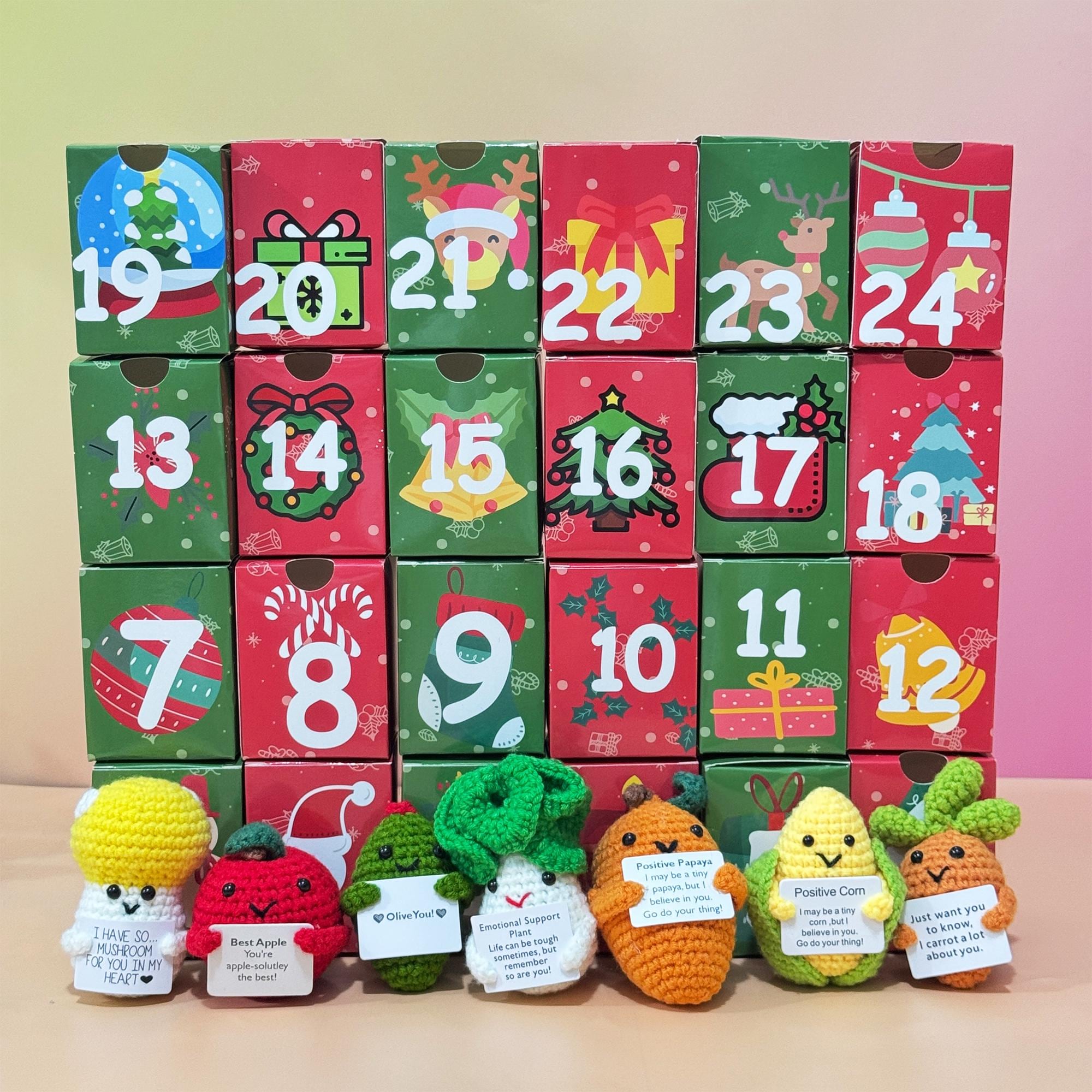 Countdown Christmas Box: 24Pcs Crochet Positive Vegetables/Fruits/Animals,Emotional Support Advent Calendar 2025,Christmas Gifts,Funny gifts