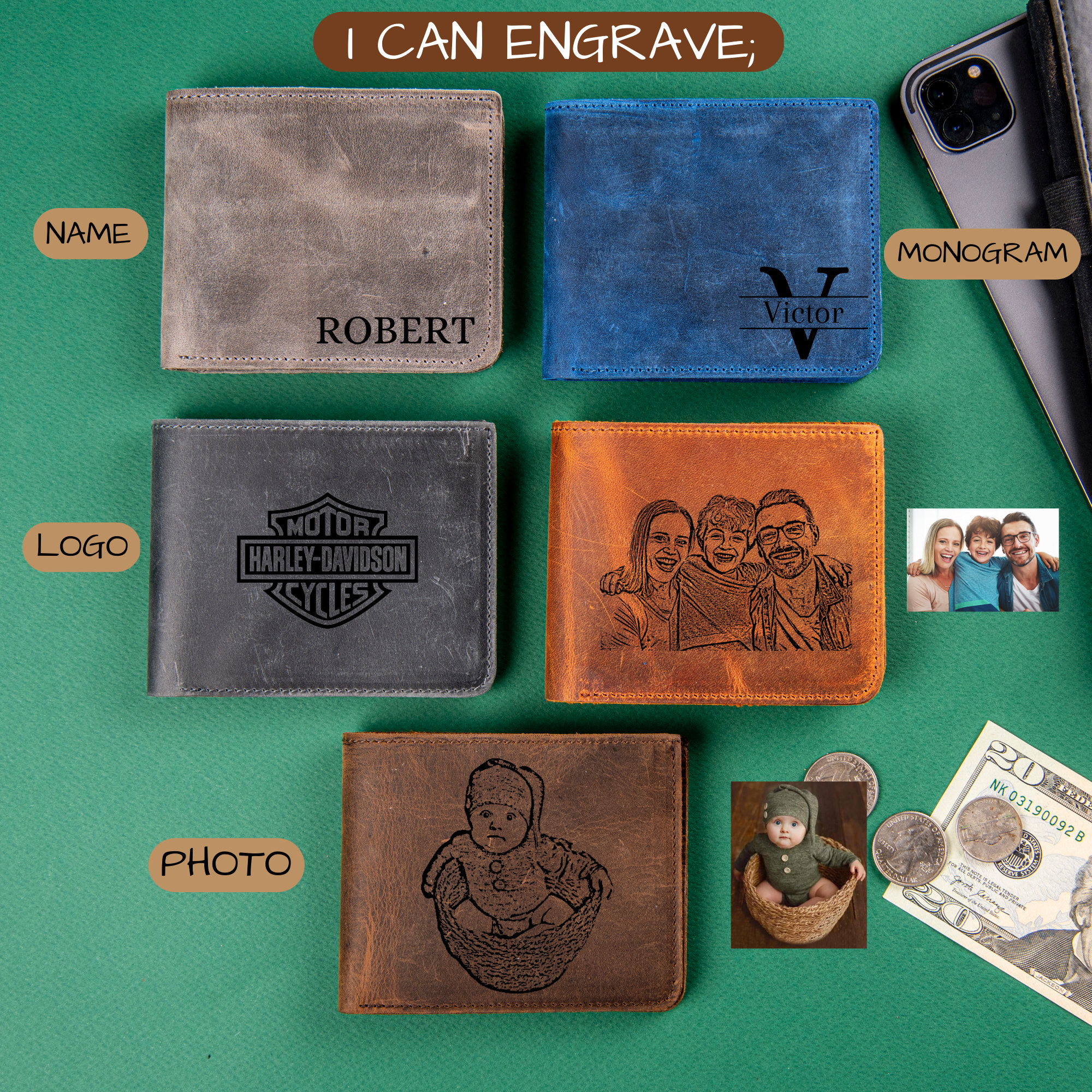 Football, Personalized Leather Wallet, Custom Leather Wallets, Football Players, Football Team Sport Fans, Him Dad Father Boy Christmas Gift