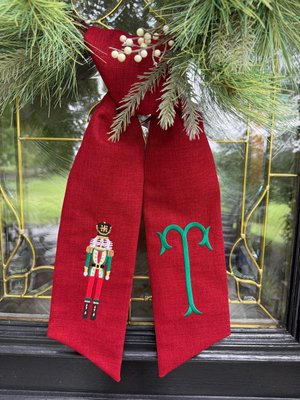 Monogrammed Nutcracker OUTDOOR FABRIC Christmas Wreath Sash, Red/Christmas Green Nutcracker