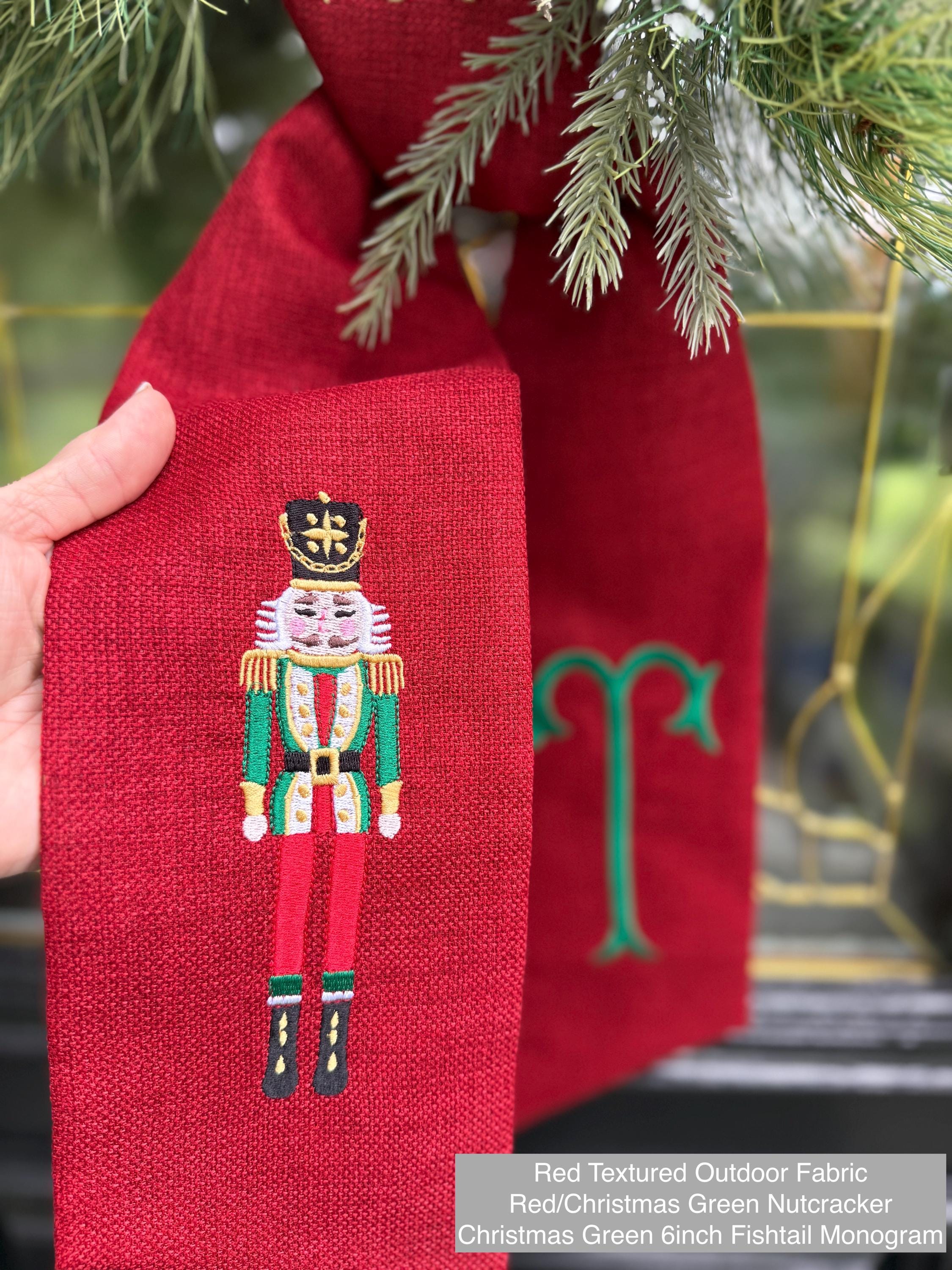 Monogrammed Nutcracker OUTDOOR FABRIC Christmas Wreath Sash, Red/Christmas Green Nutcracker