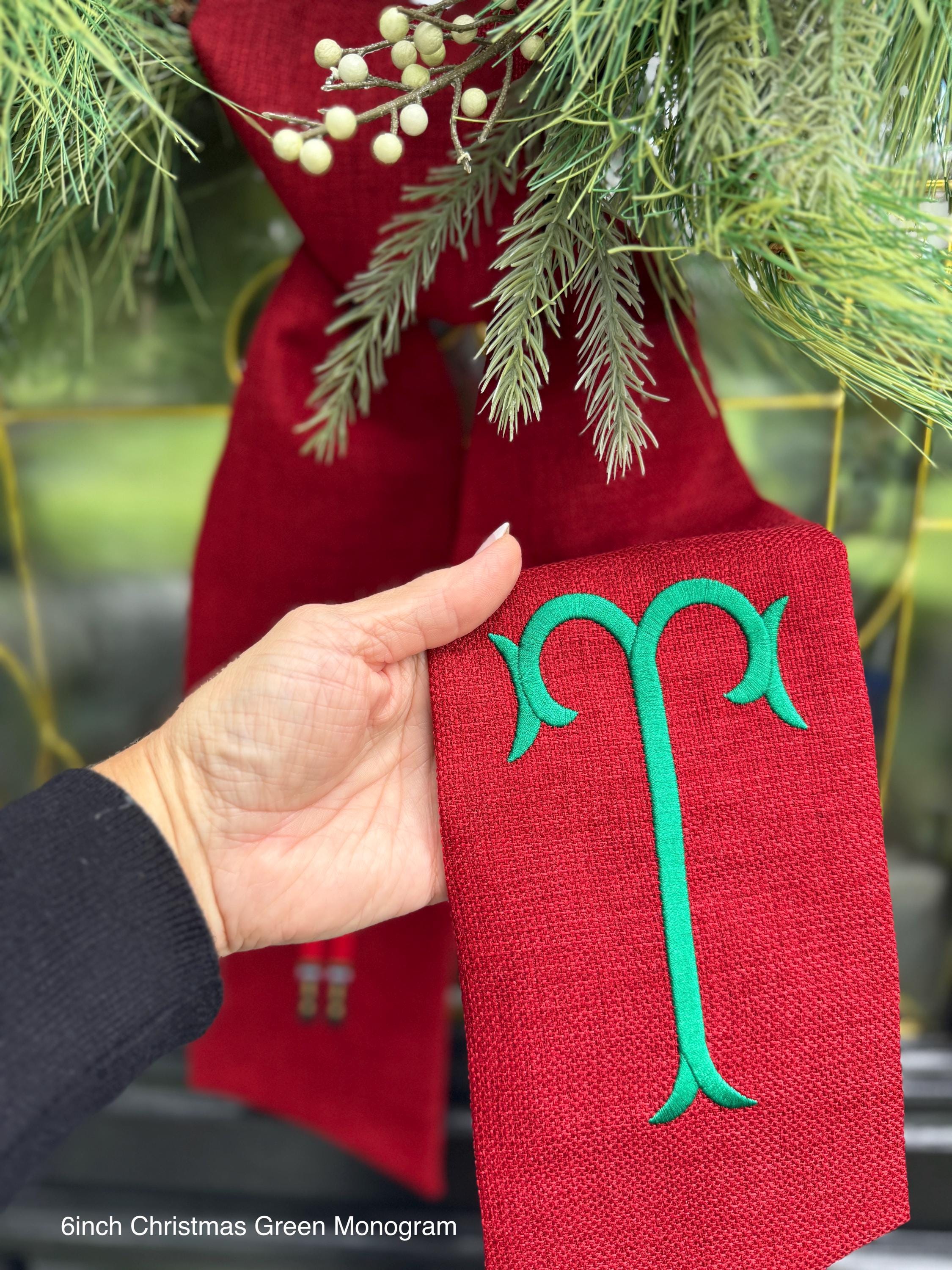 Monogrammed Nutcracker OUTDOOR FABRIC Christmas Wreath Sash, Red/Christmas Green Nutcracker