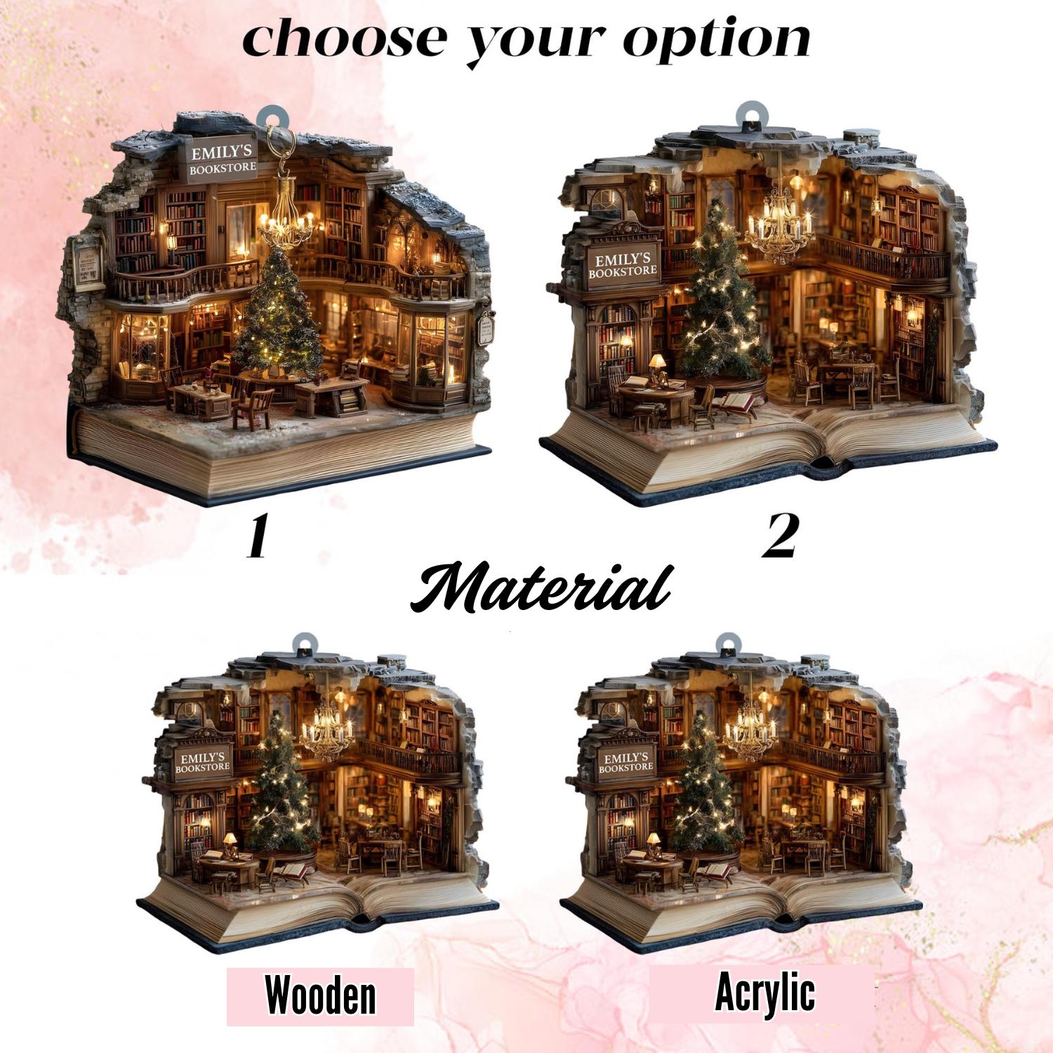 Custom Book Nook Christmas Ornament, 2D Mini Library Bookstore Scene, Personalized Name & Year, Literary Reading Nook, Xmas Tree Decor 2025