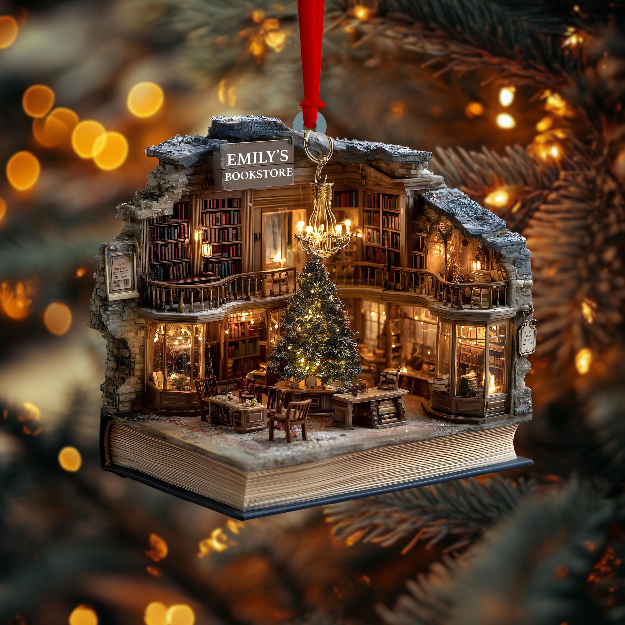 Custom Book Nook Christmas Ornament, 2D Mini Library Bookstore Scene, Personalized Name & Year, Literary Reading Nook, Xmas Tree Decor 2025