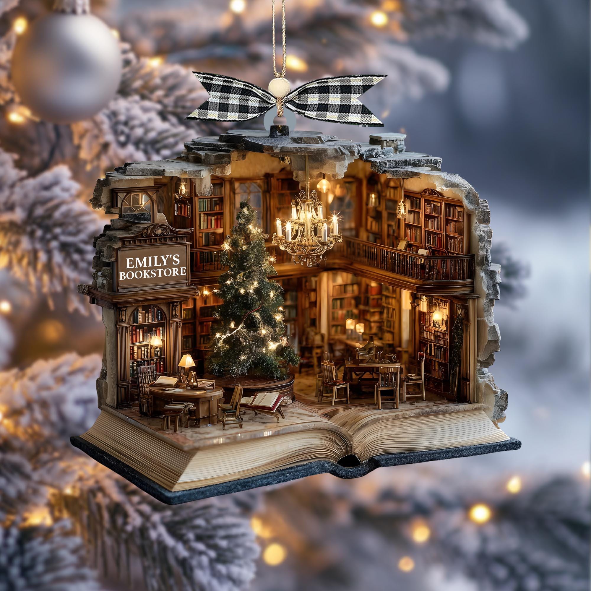 Custom Book Nook Christmas Ornament, 2D Mini Library Bookstore Scene, Personalized Name & Year, Literary Reading Nook, Xmas Tree Decor 2025