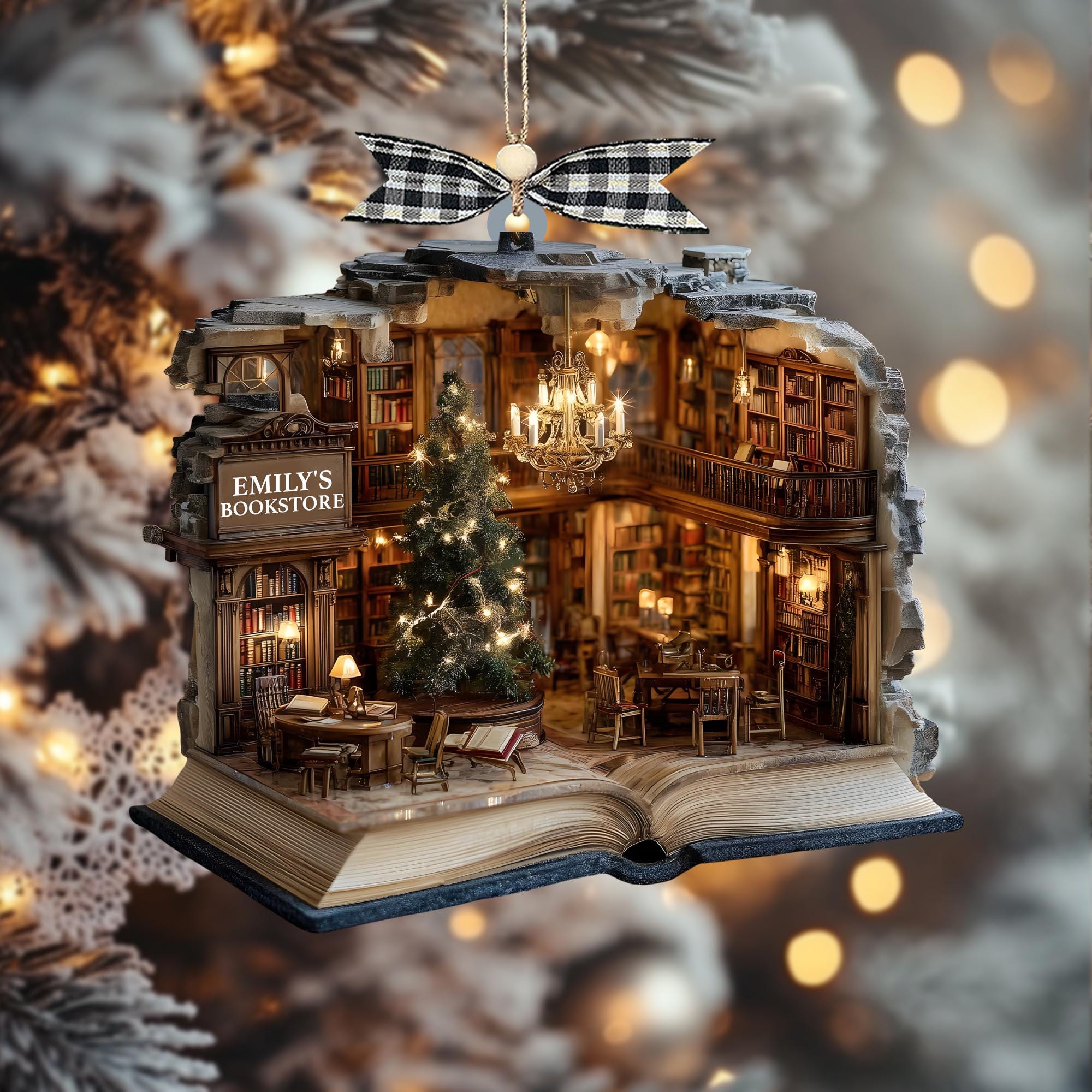 Custom Book Nook Christmas Ornament, 2D Mini Library Bookstore Scene, Personalized Name & Year, Literary Reading Nook, Xmas Tree Decor 2025