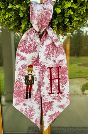Christmas Nutcracker Wreath Sash. Toile Sash. Personalized Christmas Decor.