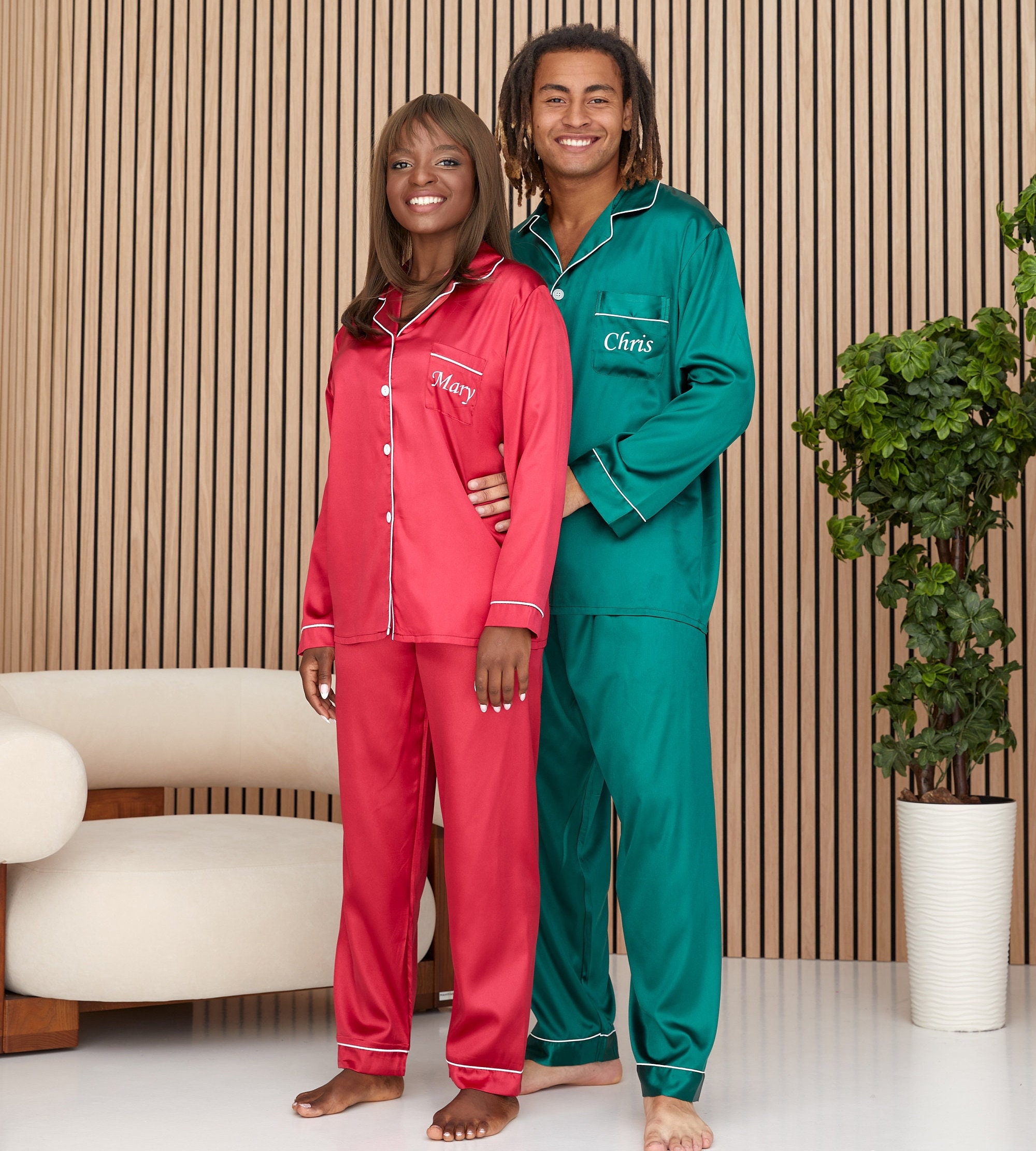 Christmas Satin Pjs for Family, Custom Satin Pajamas, Christmas Pajamas, Christmas Gift,  Satin Pjs, Personalized Pjs, Xmas Eve gift - L+L