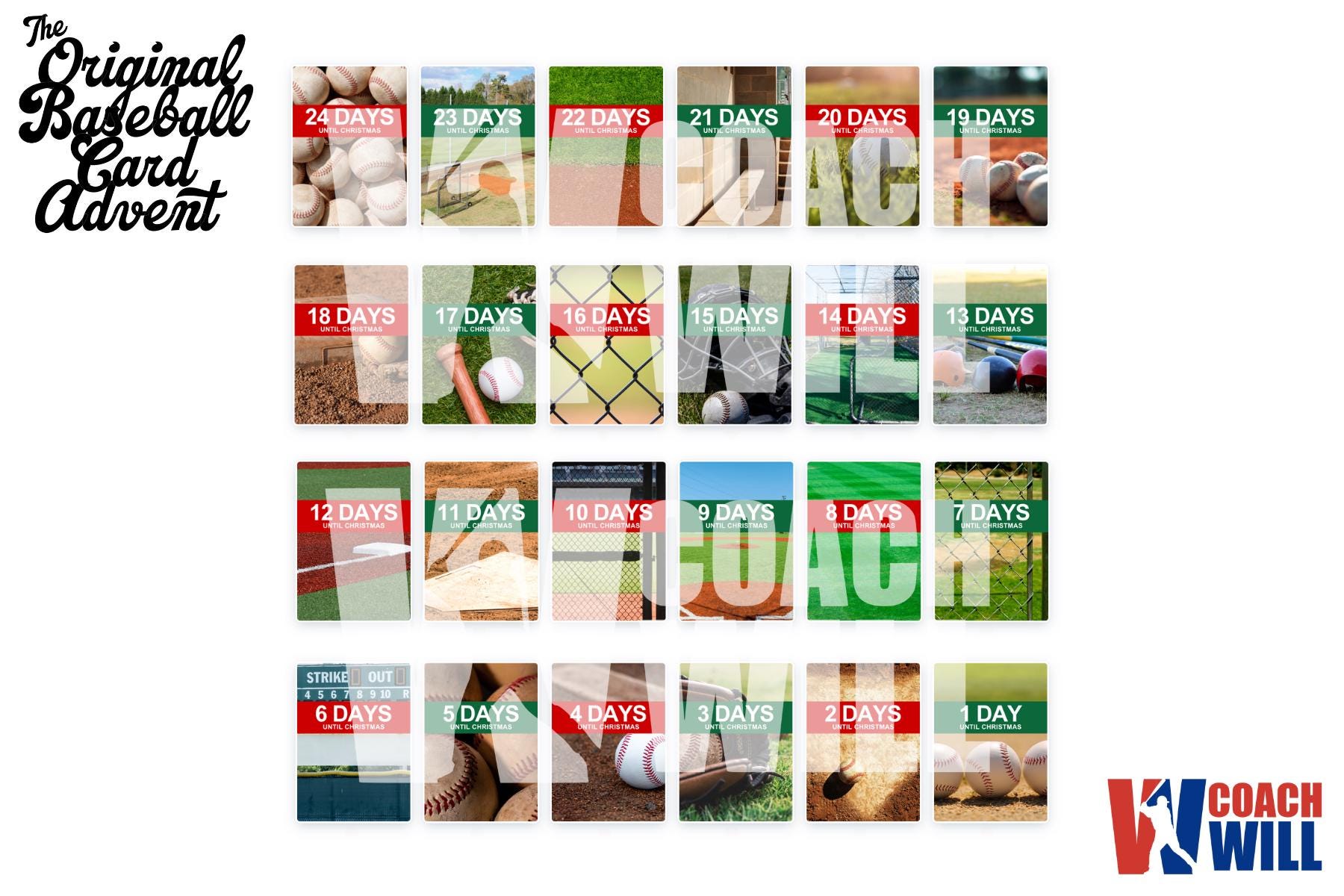 The Original Baseball Card Advent Calendar - 24 Day Christmas Countdown - Coach Will