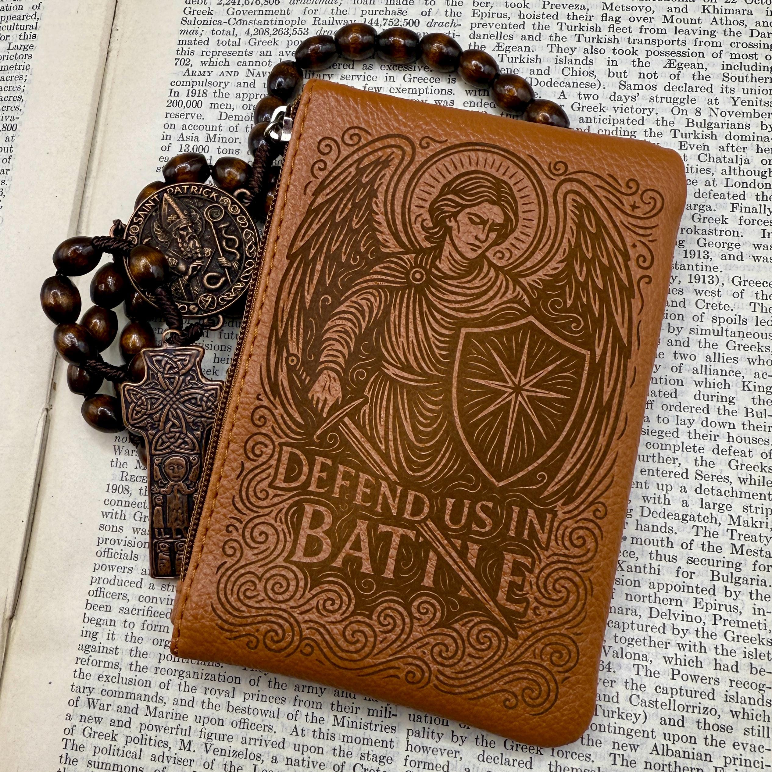 Engraved Rosary Pouch: Custom Catholic Gift, Saint Michael Protect us in Battle Design