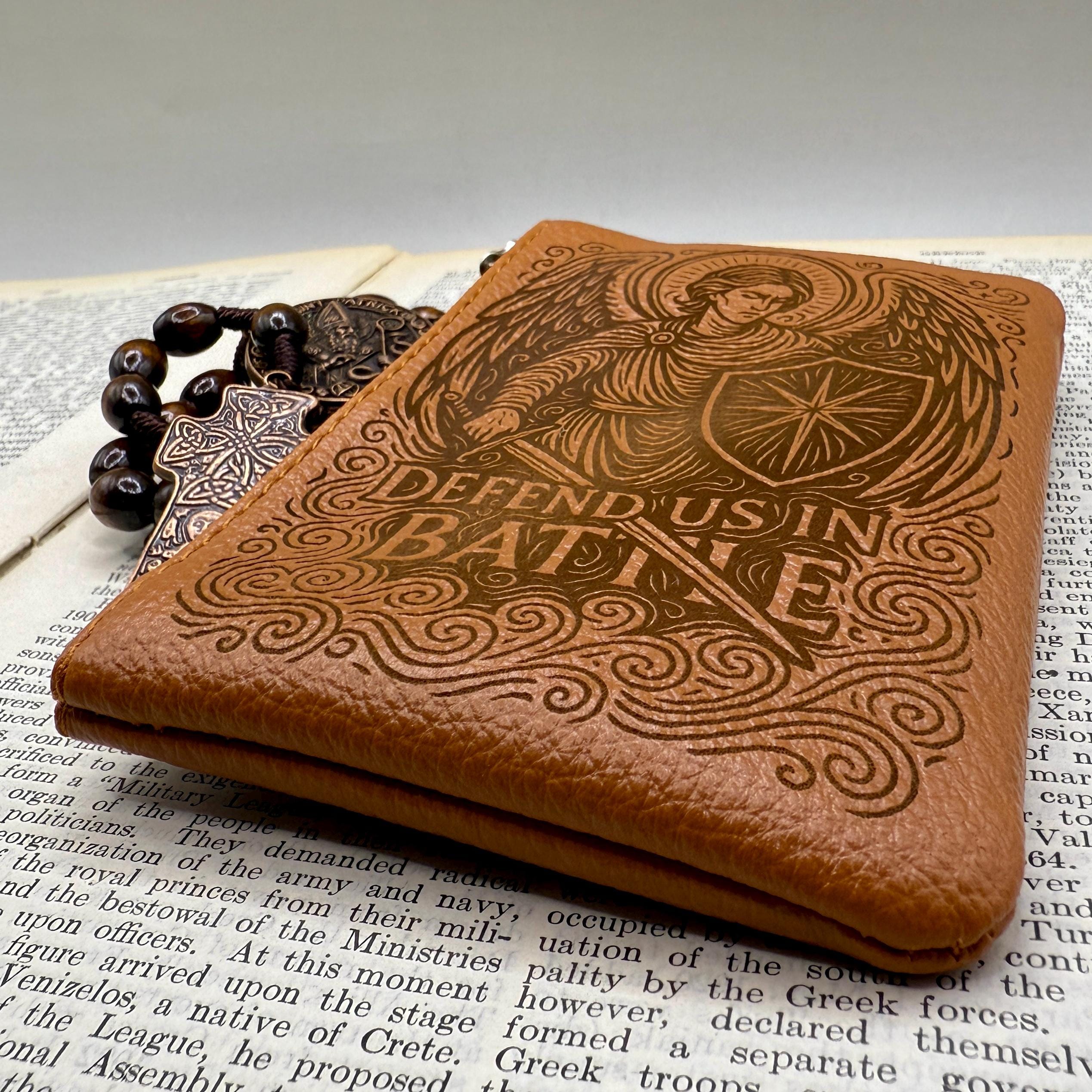 Engraved Rosary Pouch: Custom Catholic Gift, Saint Michael Protect us in Battle Design