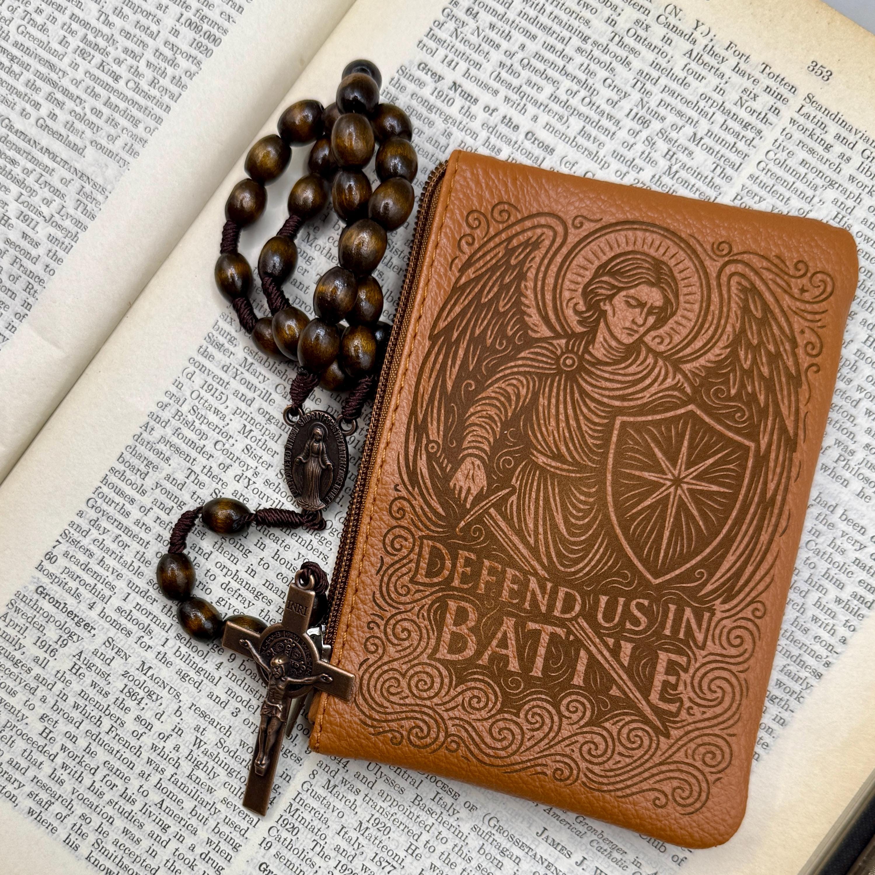 Engraved Rosary Pouch: Custom Catholic Gift, Saint Michael Protect us in Battle Design