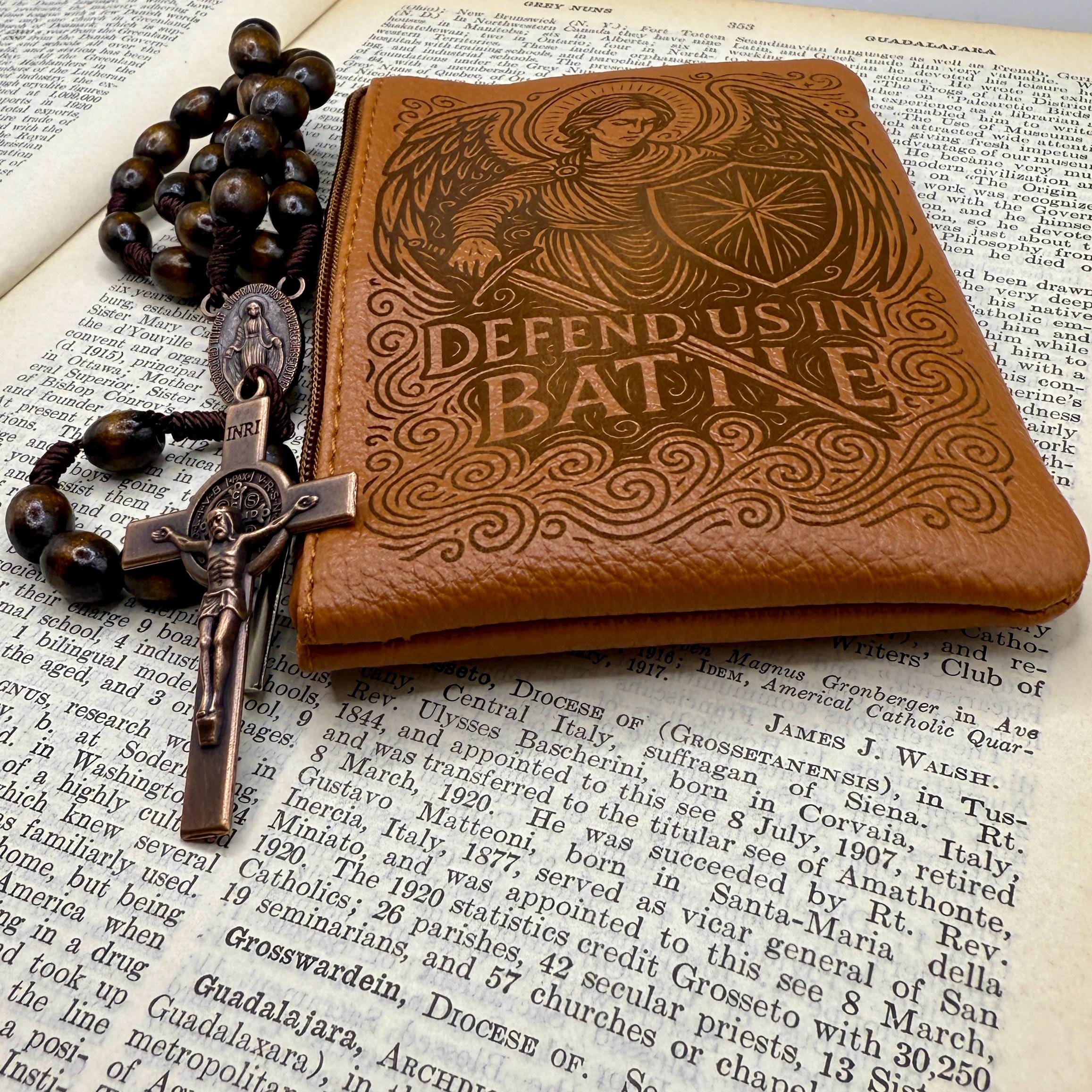 Engraved Rosary Pouch: Custom Catholic Gift, Saint Michael Protect us in Battle Design
