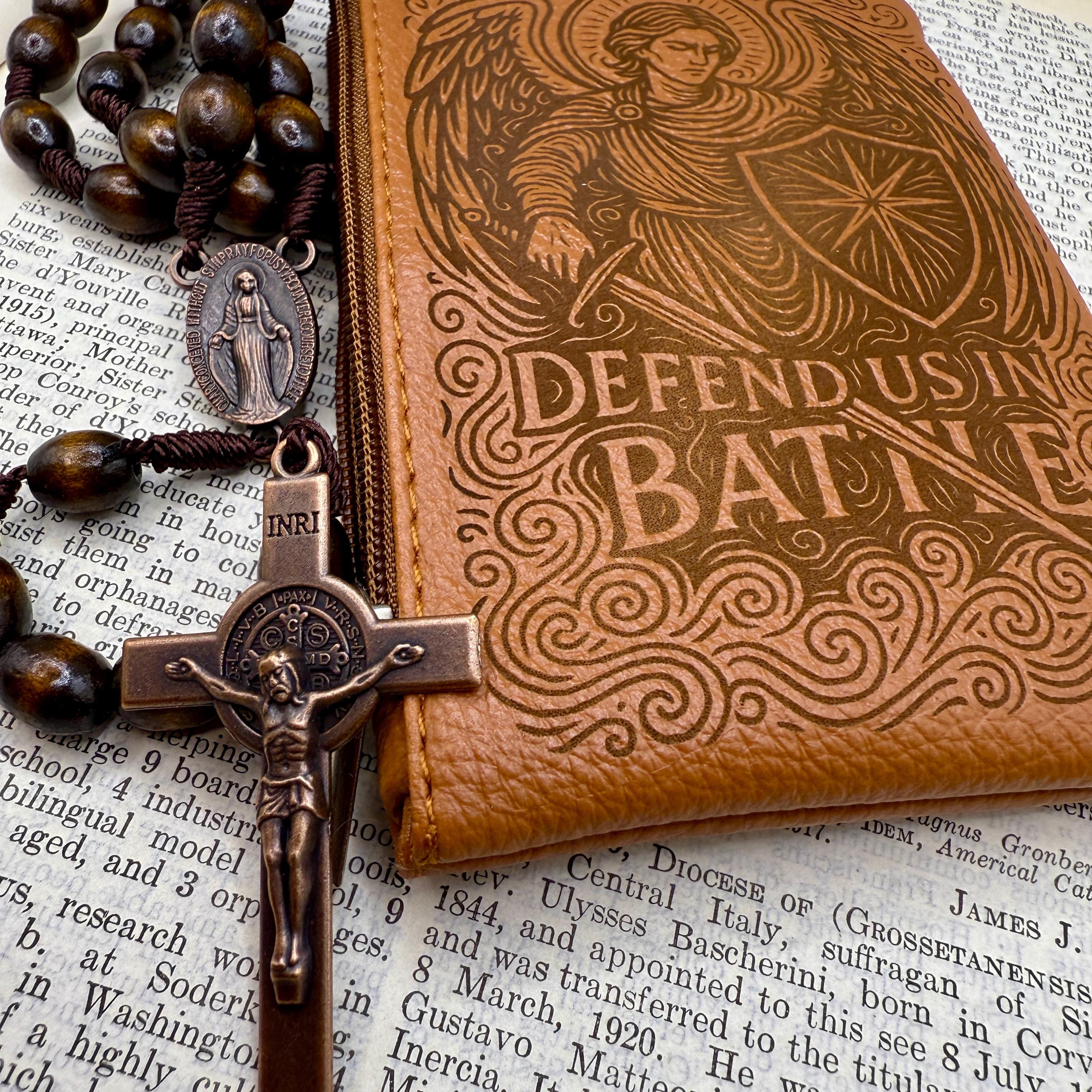Engraved Rosary Pouch: Custom Catholic Gift, Saint Michael Protect us in Battle Design