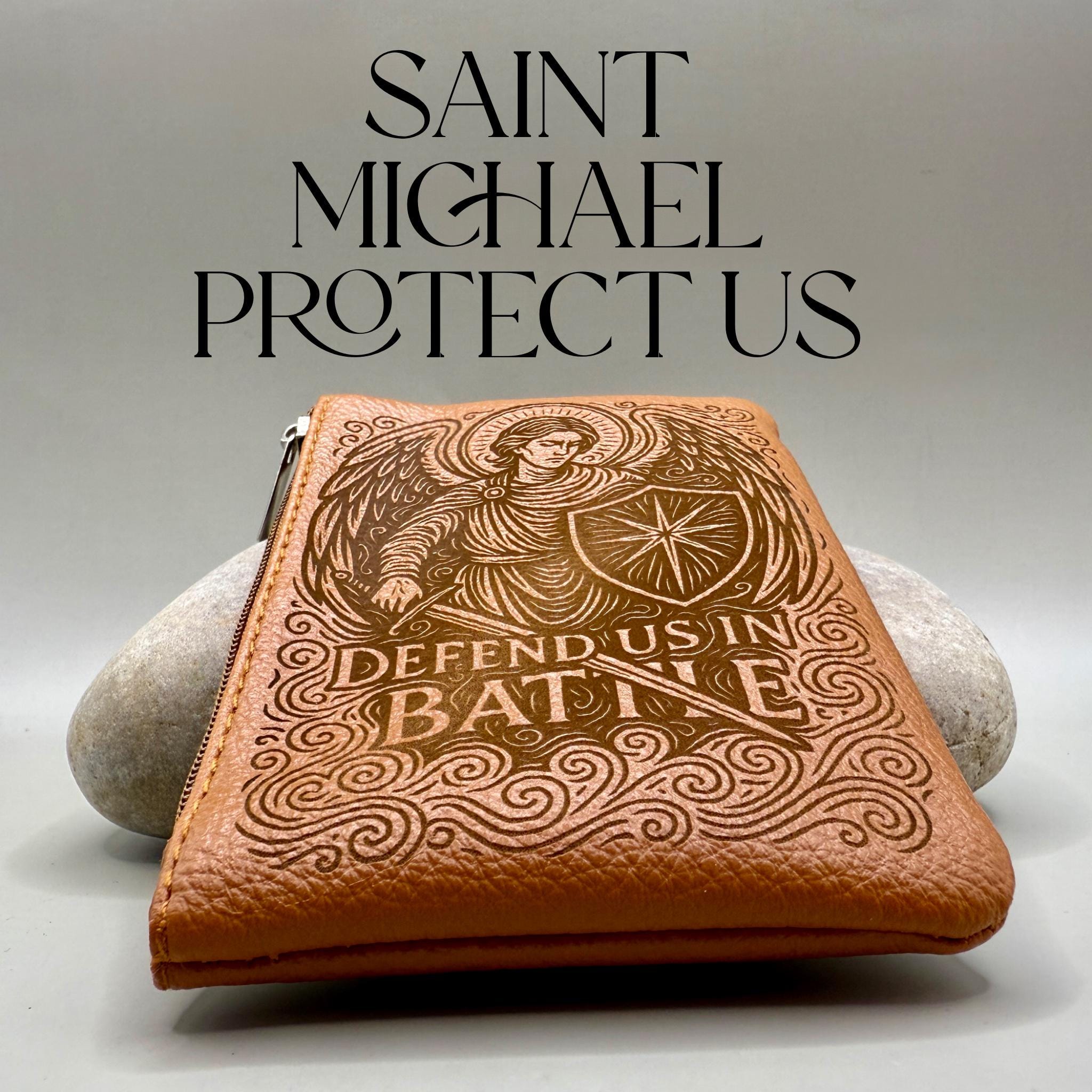 Engraved Rosary Pouch: Custom Catholic Gift, Saint Michael Protect us in Battle Design