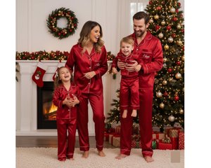 Personalized Family Matching Satin Pajamas with Embroidered Name, Silk Satin Xmas PJ Sets, Christmas Party Gift for Mom/Dad/Kids