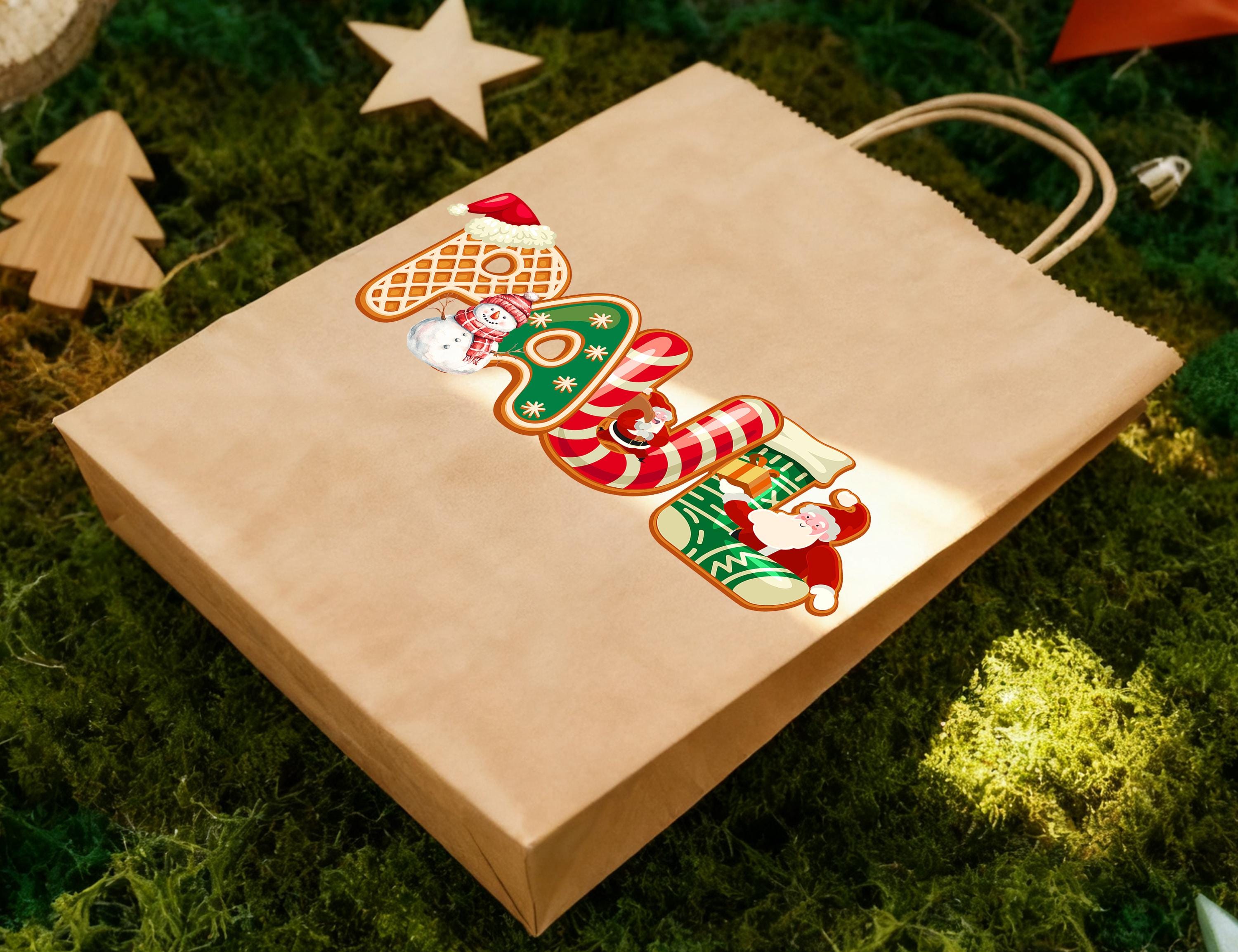 Christmas Name Kraft Paper Bags, Personalized Christmas Gift Bag, Xmas Party Favor Bags, Holiday Tote Paper Bags, Xmas Gift Wrapping Bags