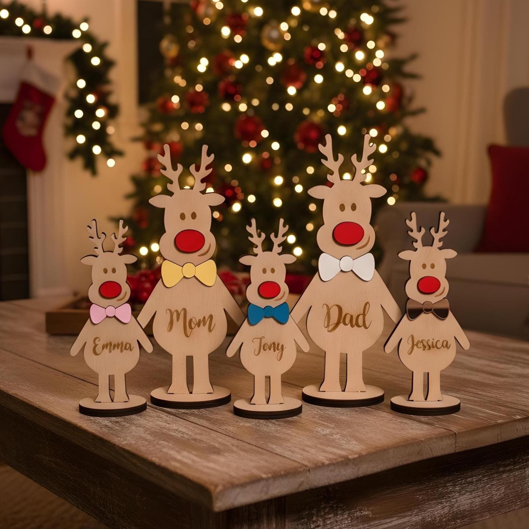 Personalized Wooden Reindeer Table Décor – Christmas Centerpiece – Holiday Home Accent – Family Name Gift – Standing Winter Decoration