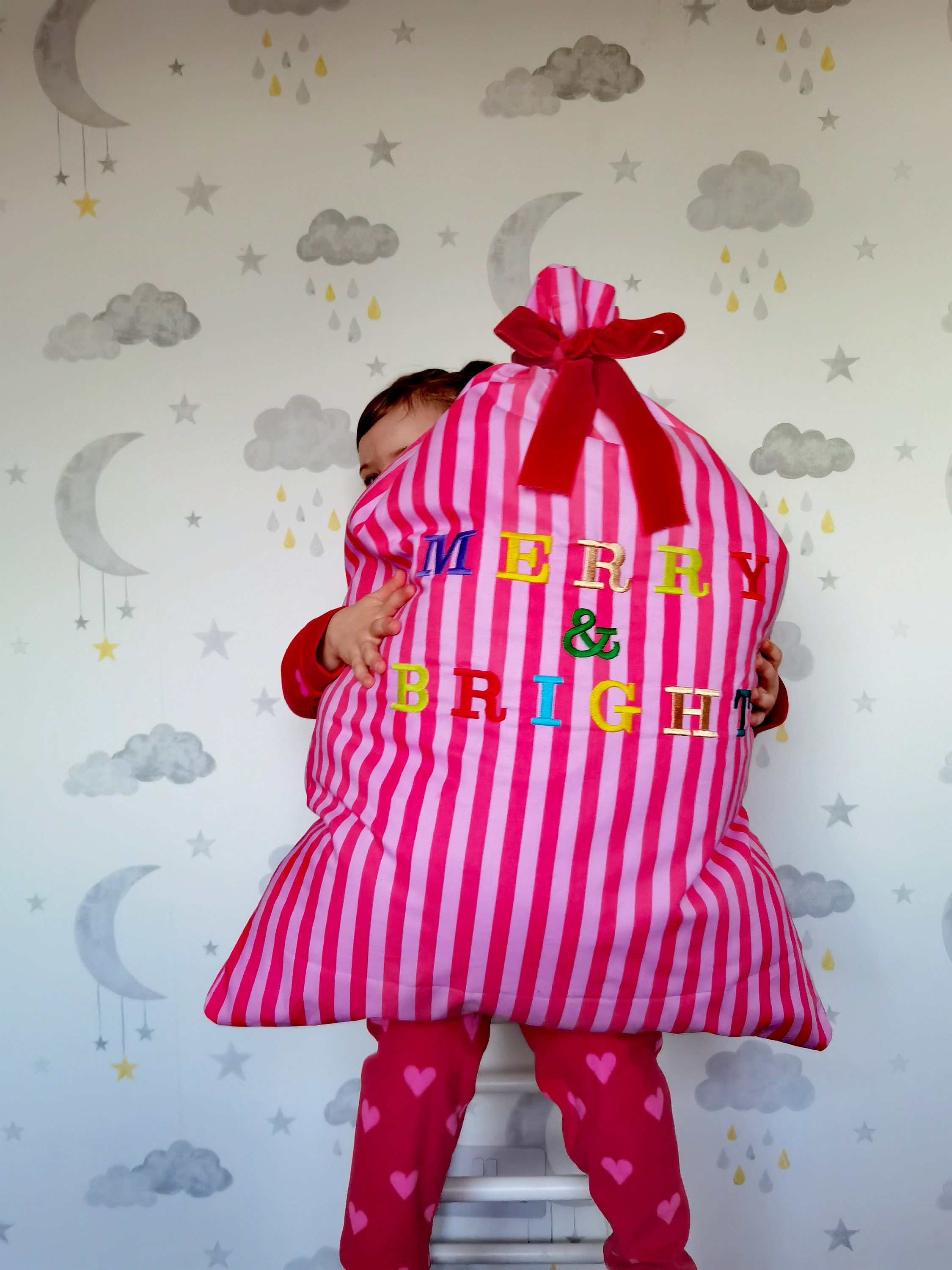 Luxury striped Christmas sack, personalised Santa sack, custom Christmas eve bag, reusable Santa sack, Christmas decor, Christmas wrap