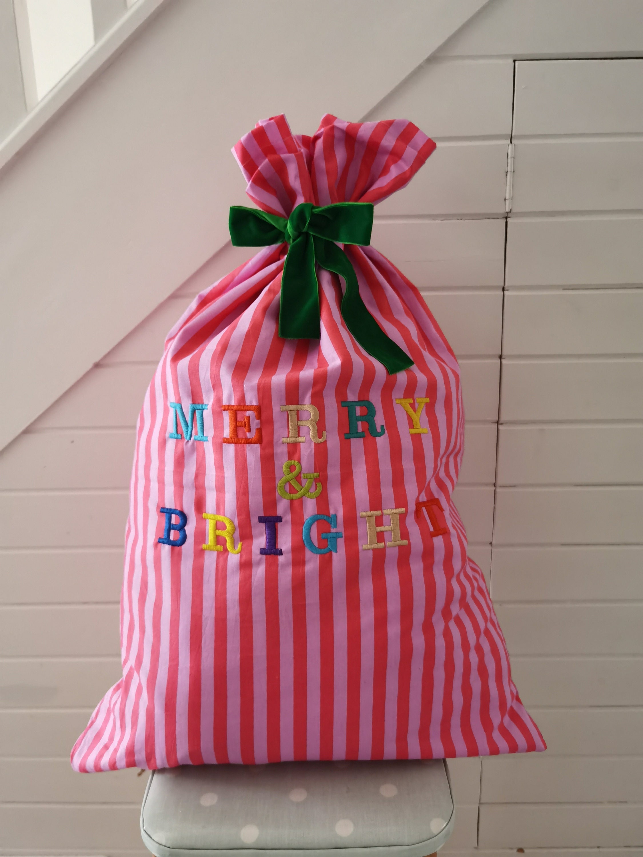 Luxury striped Christmas sack, personalised Santa sack, custom Christmas eve bag, reusable Santa sack, Christmas decor, Christmas wrap