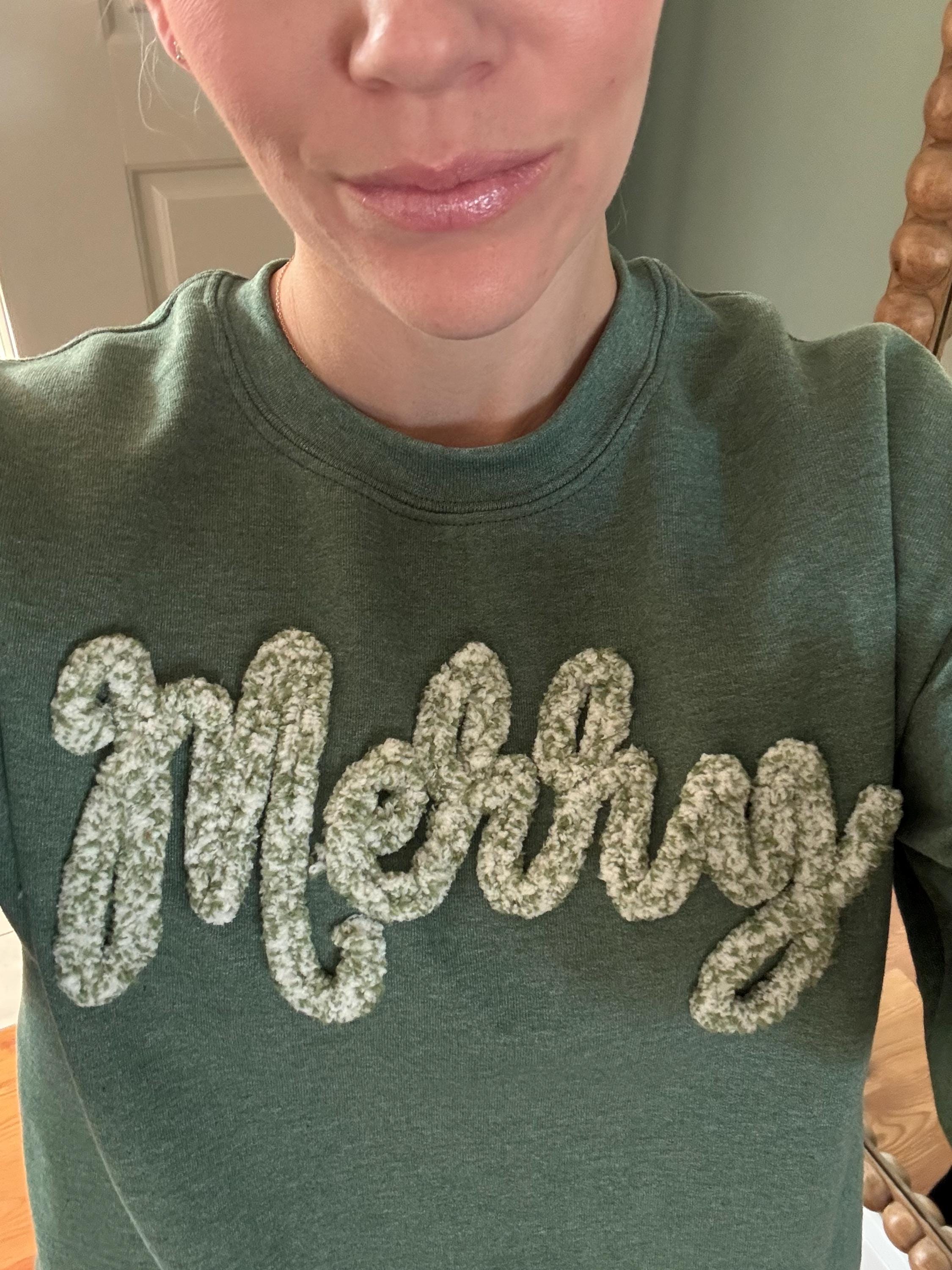 Merry Christmas Shirts, Chenille Letter Sweatshirt Cute Holiday Sweater for women, Fuzzy Letters Puffy Letters Winter Crewneck