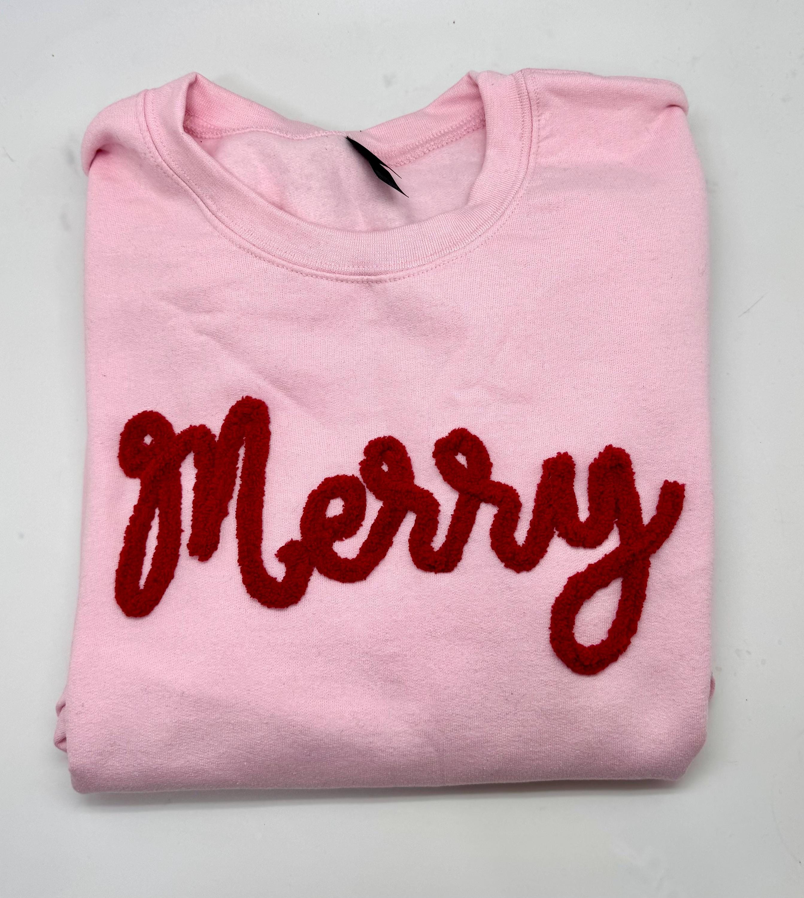 Merry Christmas Shirts, Chenille Letter Sweatshirt Cute Holiday Sweater for women, Fuzzy Letters Puffy Letters Winter Crewneck