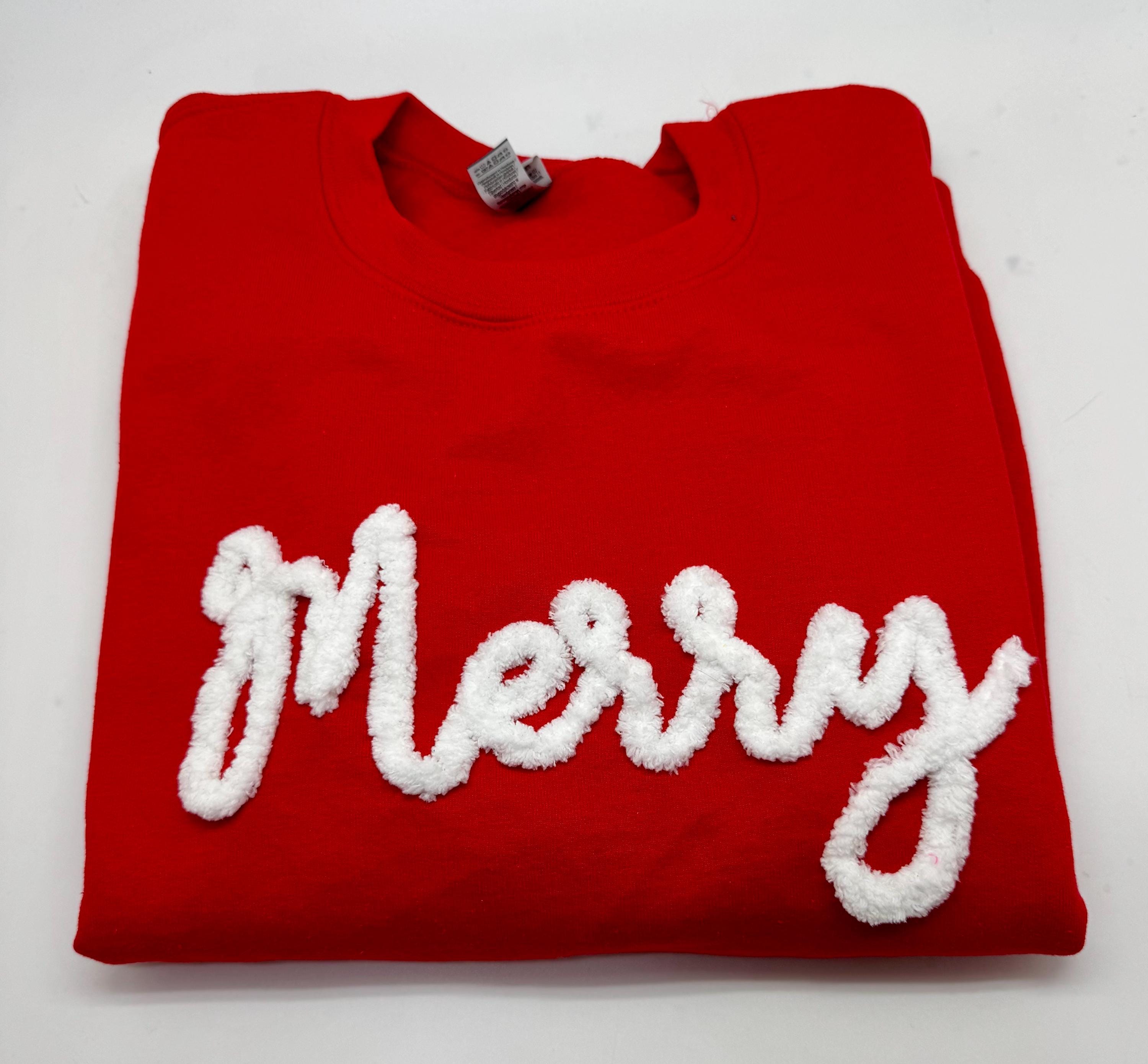 Merry Christmas Shirts, Chenille Letter Sweatshirt Cute Holiday Sweater for women, Fuzzy Letters Puffy Letters Winter Crewneck