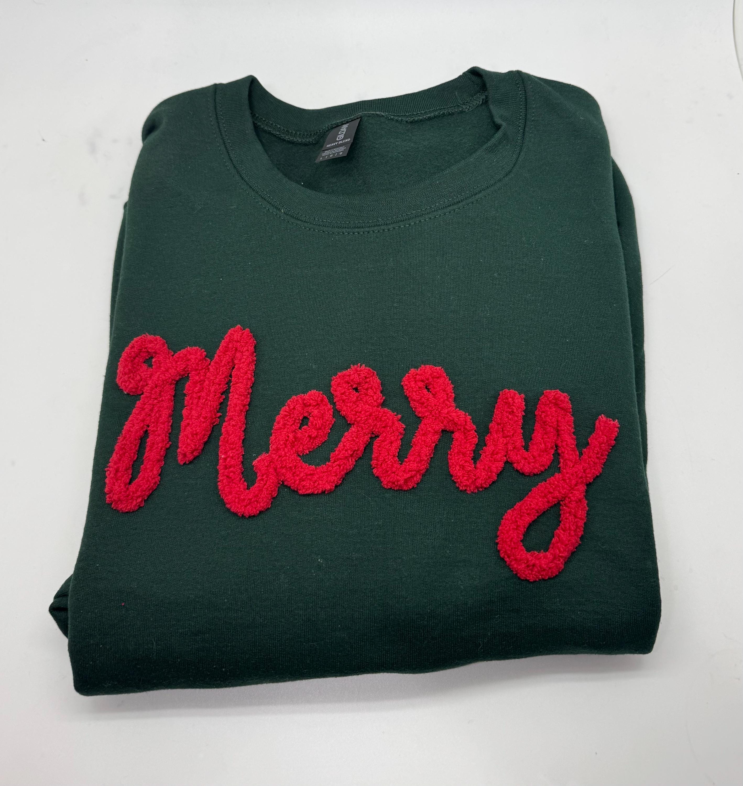 Merry Christmas Shirts, Chenille Letter Sweatshirt Cute Holiday Sweater for women, Fuzzy Letters Puffy Letters Winter Crewneck