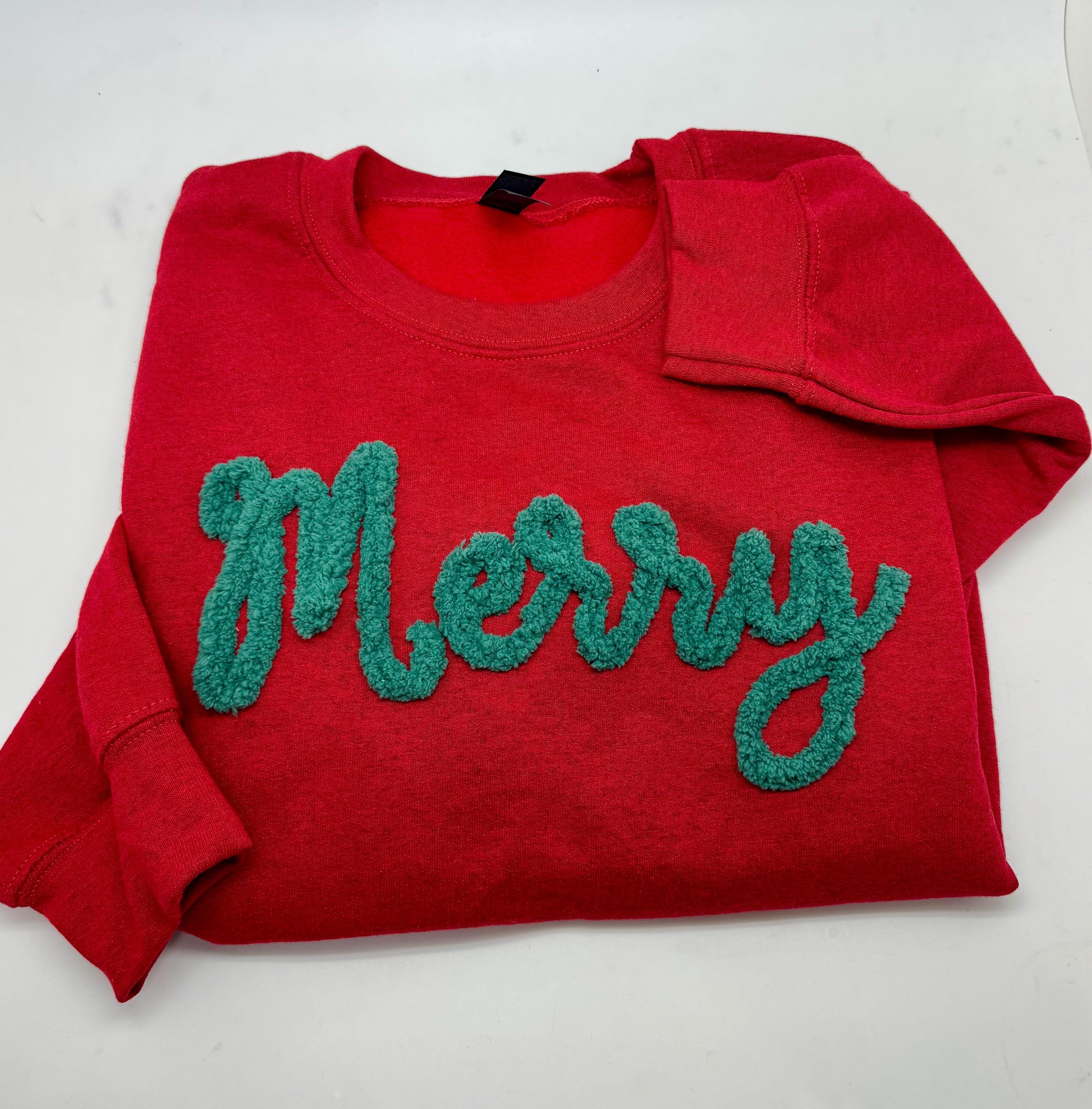 Merry Christmas Shirts, Chenille Letter Sweatshirt Cute Holiday Sweater for women, Fuzzy Letters Puffy Letters Winter Crewneck