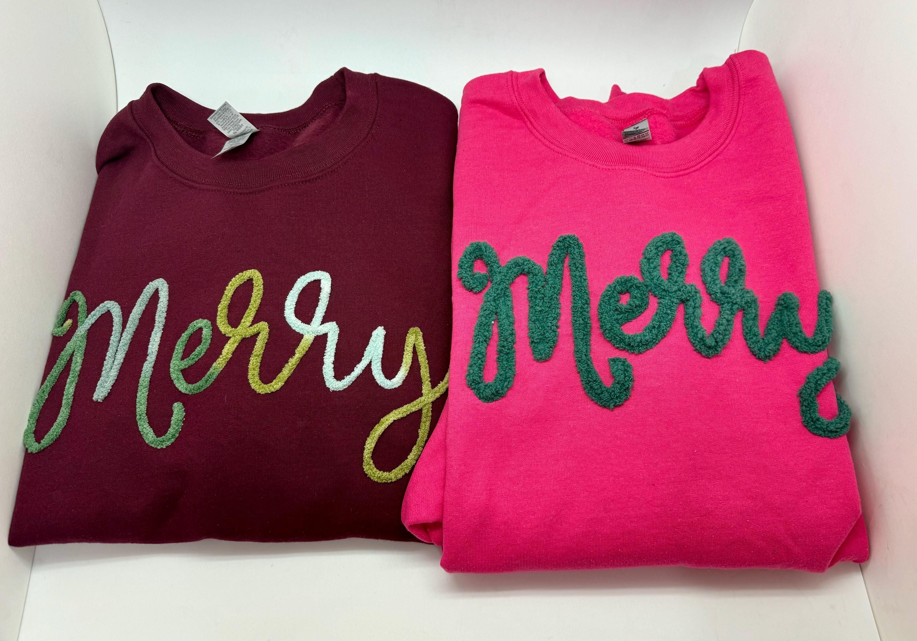 Merry Christmas Shirts, Chenille Letter Sweatshirt Cute Holiday Sweater for women, Fuzzy Letters Puffy Letters Winter Crewneck