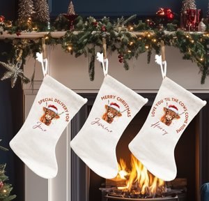 Personalised Highland Cow Christmas Stocking Decorations. Cute Christmas Stockings For Her, Him and Family decor Gifts