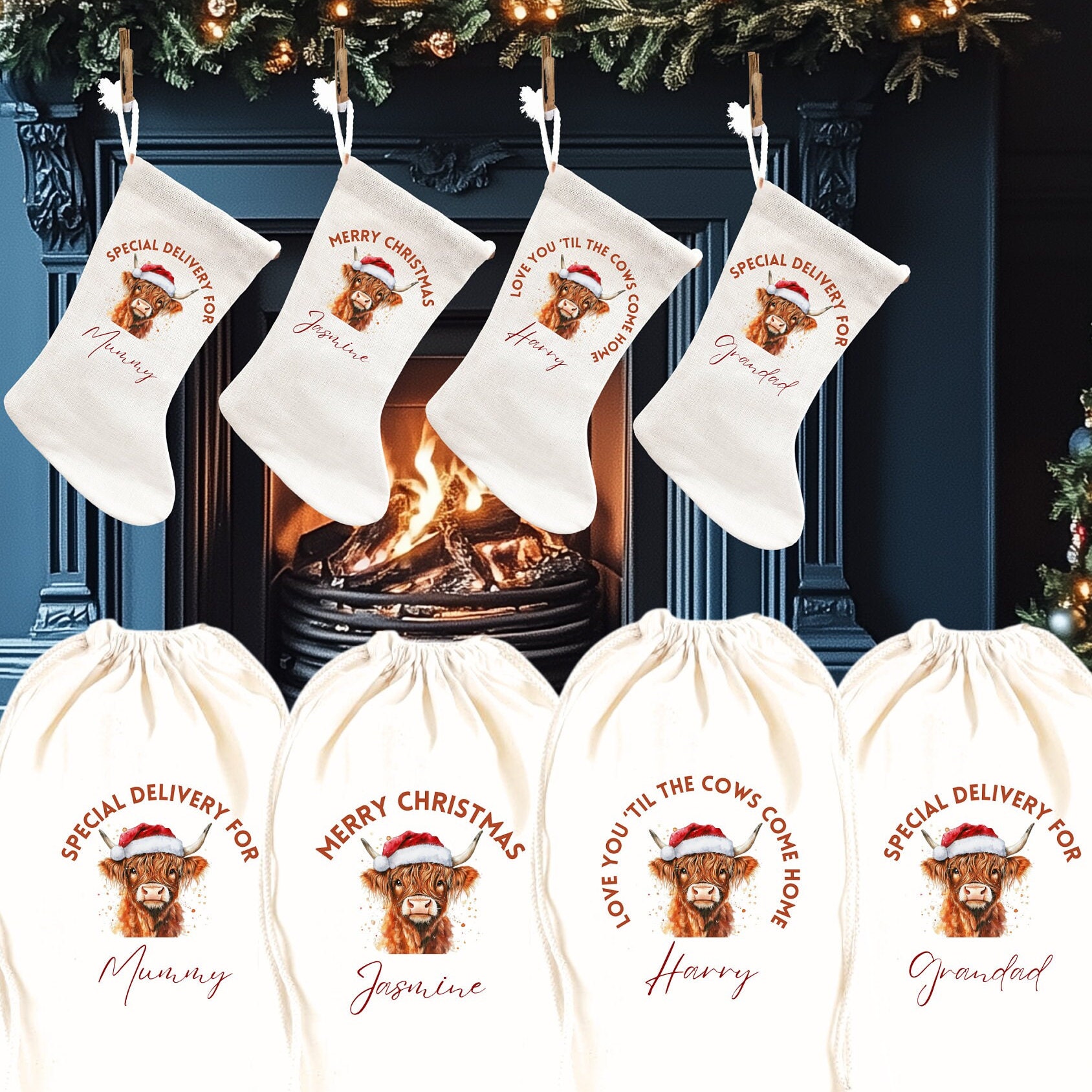 Personalised Highland Cow Christmas Stocking Decorations. Cute Christmas Stockings For Her, Him and Family decor Gifts