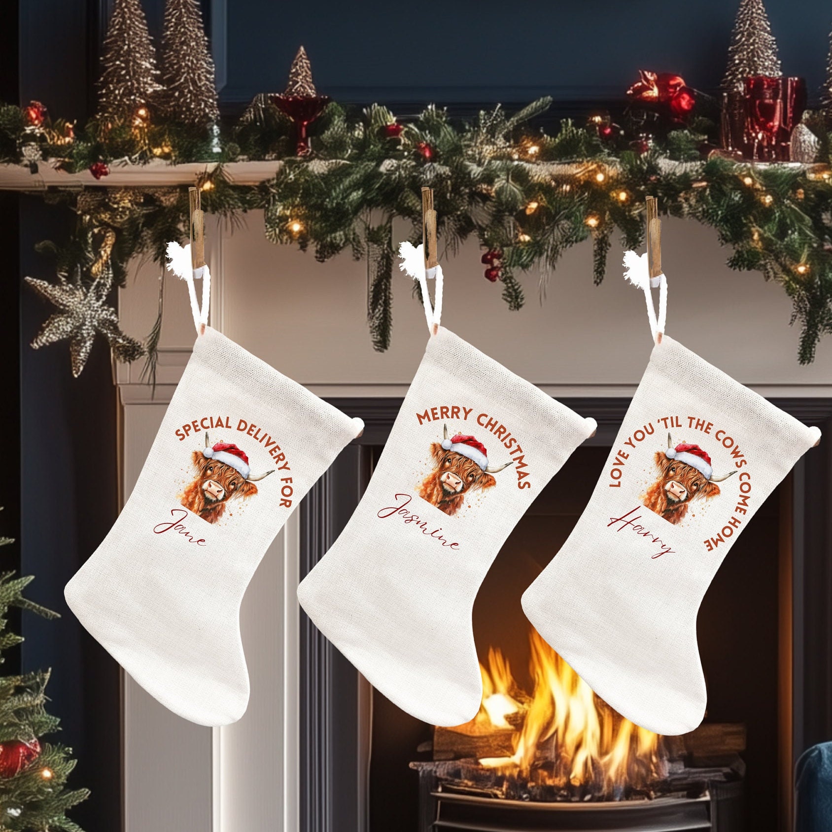 Personalised Highland Cow Christmas Stocking Decorations. Cute Christmas Stockings For Her, Him and Family decor Gifts