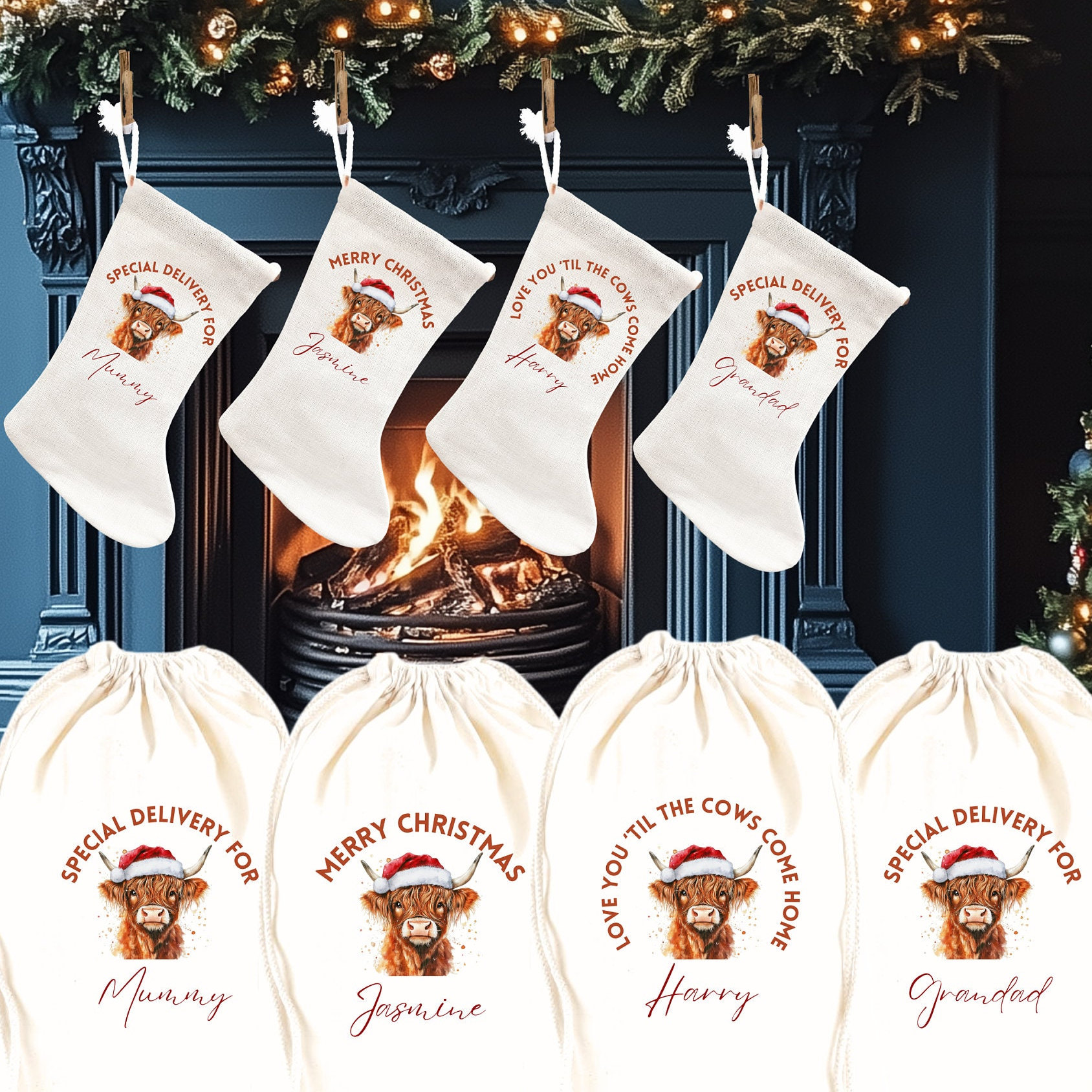 Personalised Highland Cow Christmas Stocking Decorations. Cute Christmas Stockings For Her, Him and Family decor Gifts