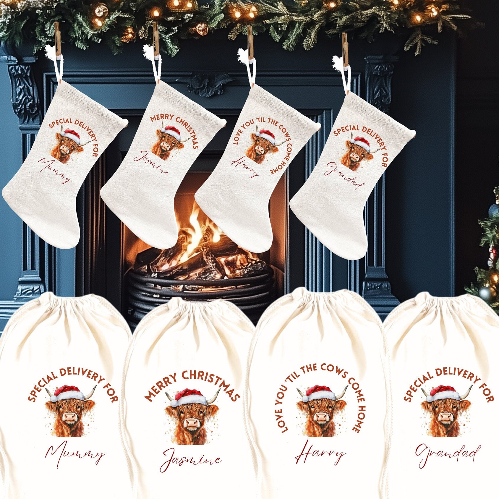 Personalised Highland Cow Christmas Stocking Decorations. Cute Christmas Stockings For Her, Him and Family decor Gifts
