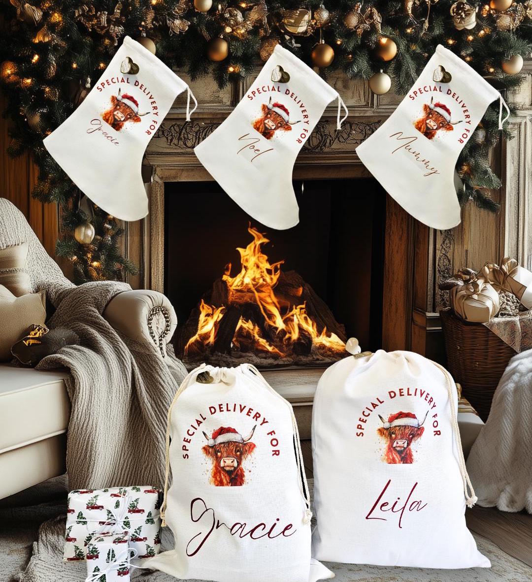 Personalised Highland Cow Christmas Stocking Decorations. Cute Christmas Stockings For Her, Him and Family decor Gifts