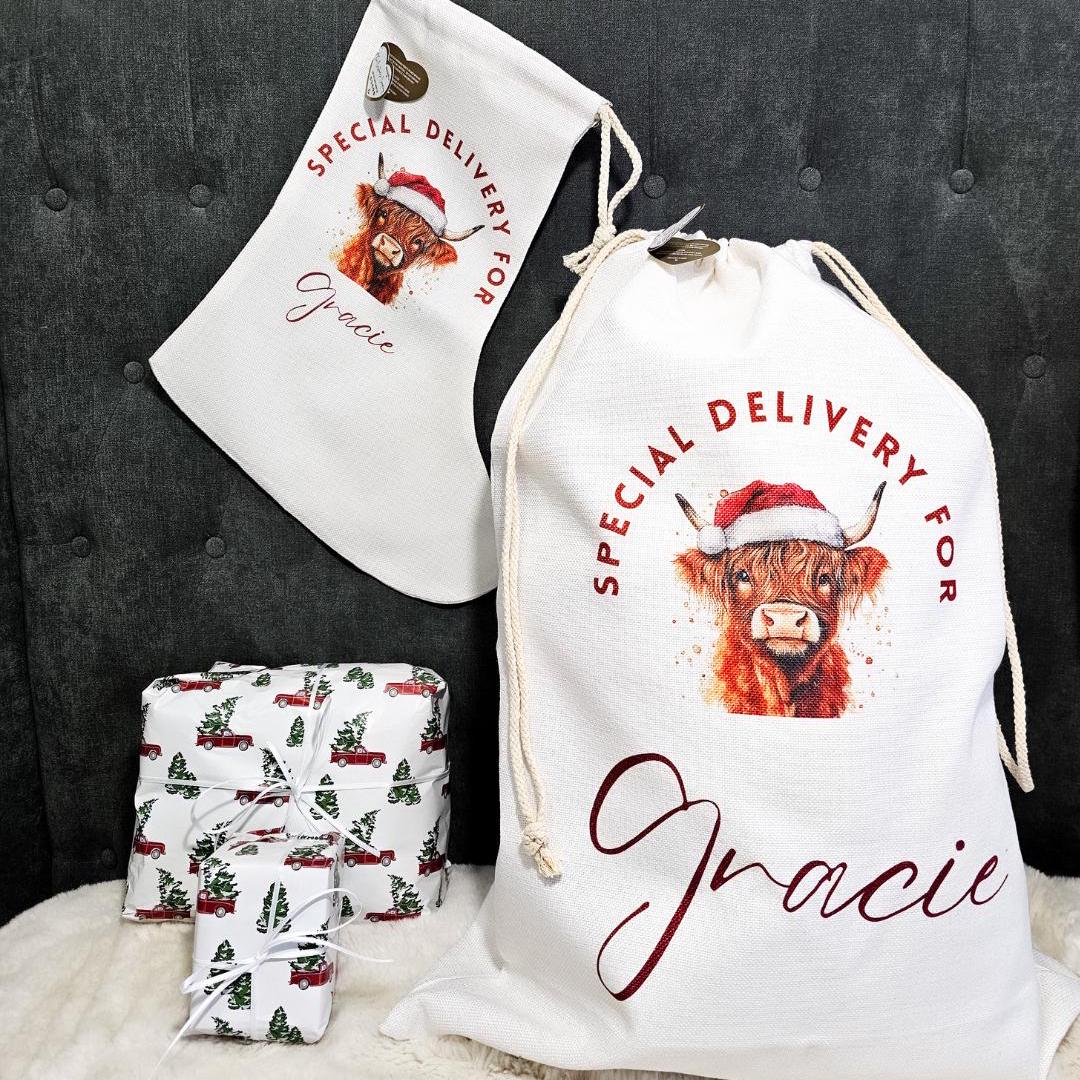 Personalised Highland Cow Christmas Stocking Decorations. Cute Christmas Stockings For Her, Him and Family decor Gifts