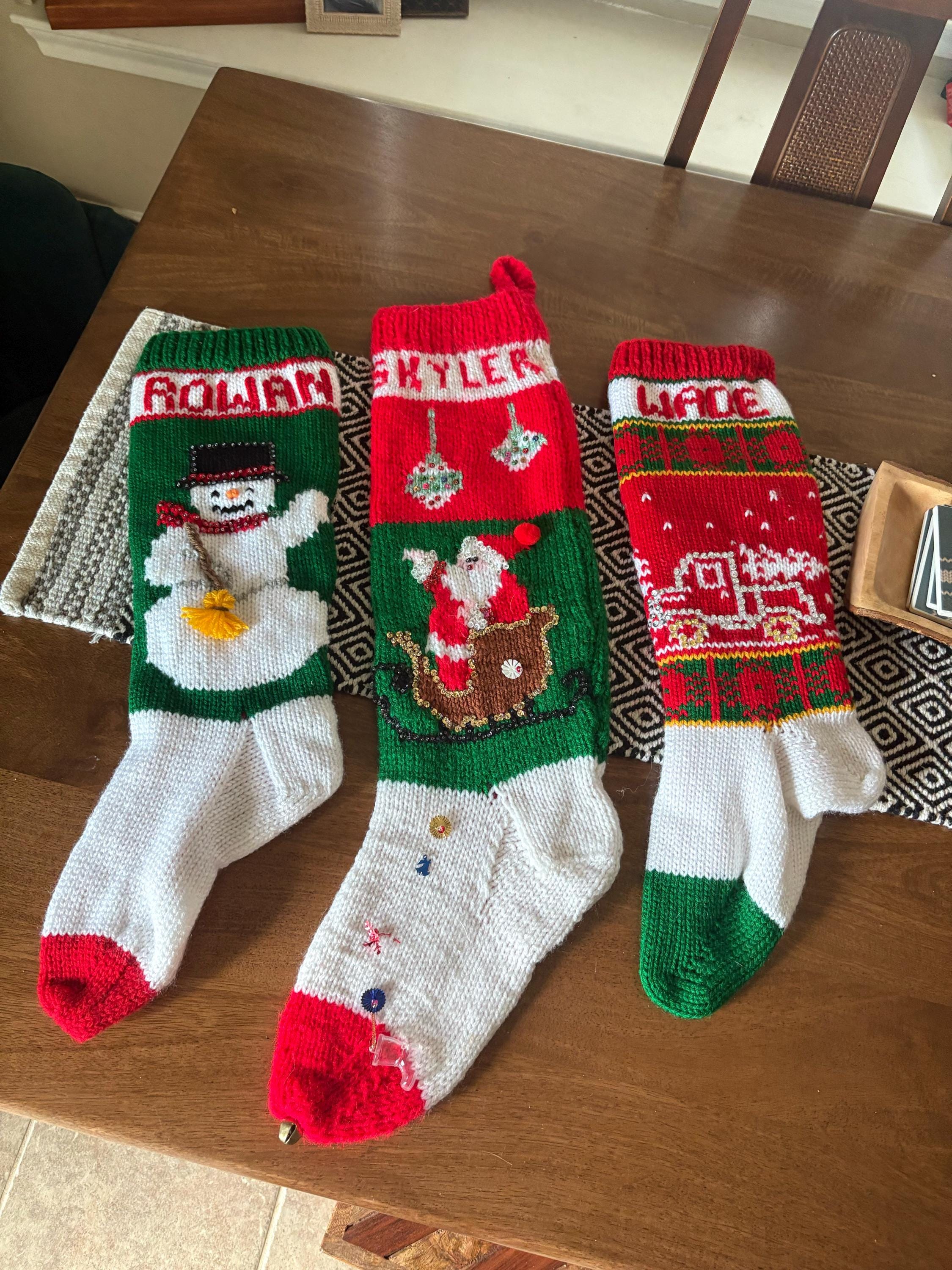 Hand Knit CHRISTMAS Stocking Snowman Moose Gingerbread Girl soldier
