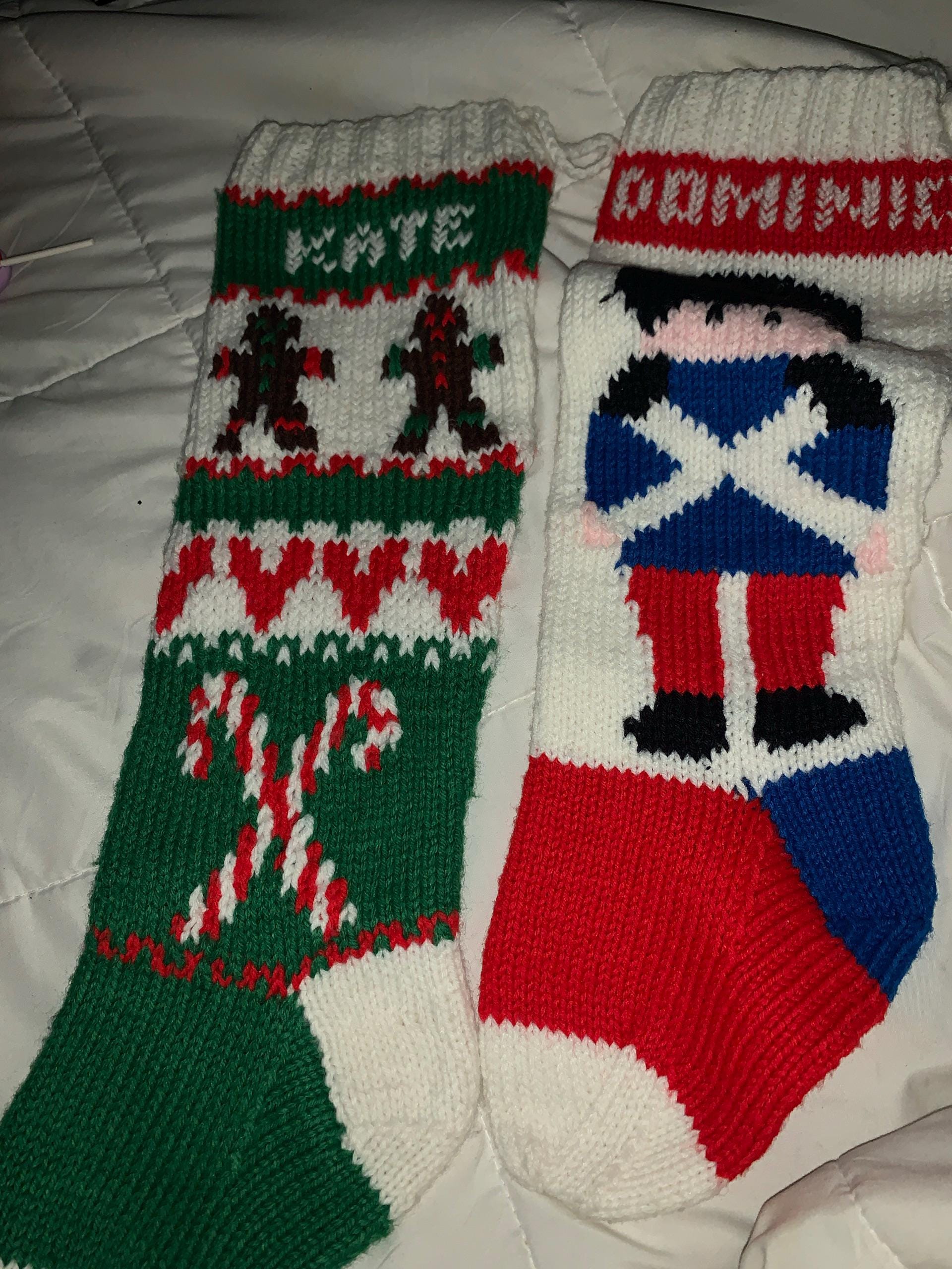 Hand Knit CHRISTMAS Stocking Snowman Moose Gingerbread Girl soldier
