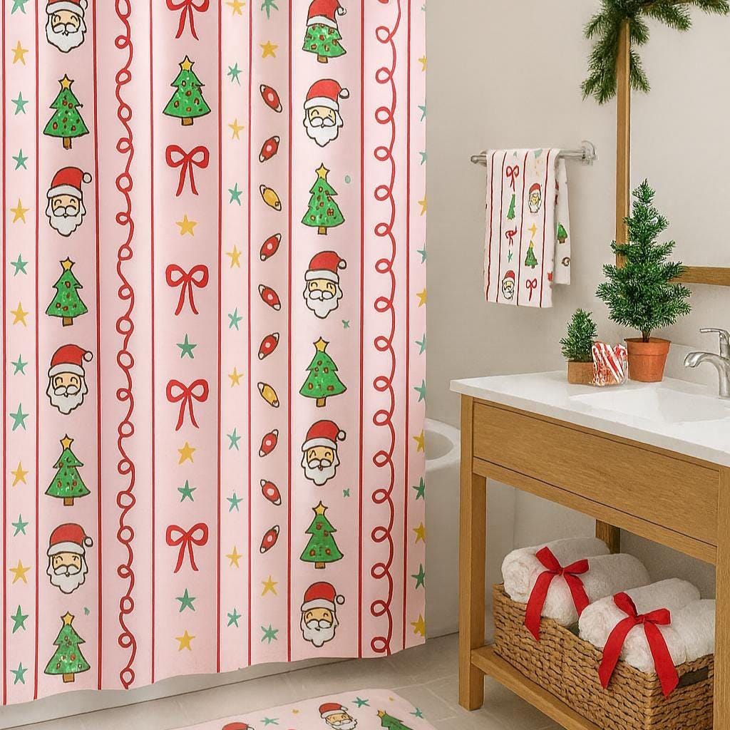 Holiday Shower Curtain - Merry Christmas Decor, Santa Design, Holiday Gift, Bathroom Decor, Seasonal Home Accessories