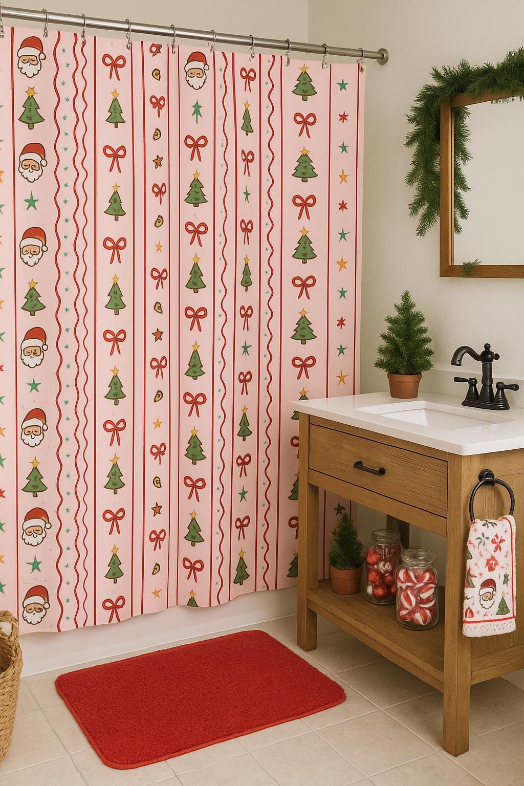 Holiday Shower Curtain - Merry Christmas Decor, Santa Design, Holiday Gift, Bathroom Decor, Seasonal Home Accessories