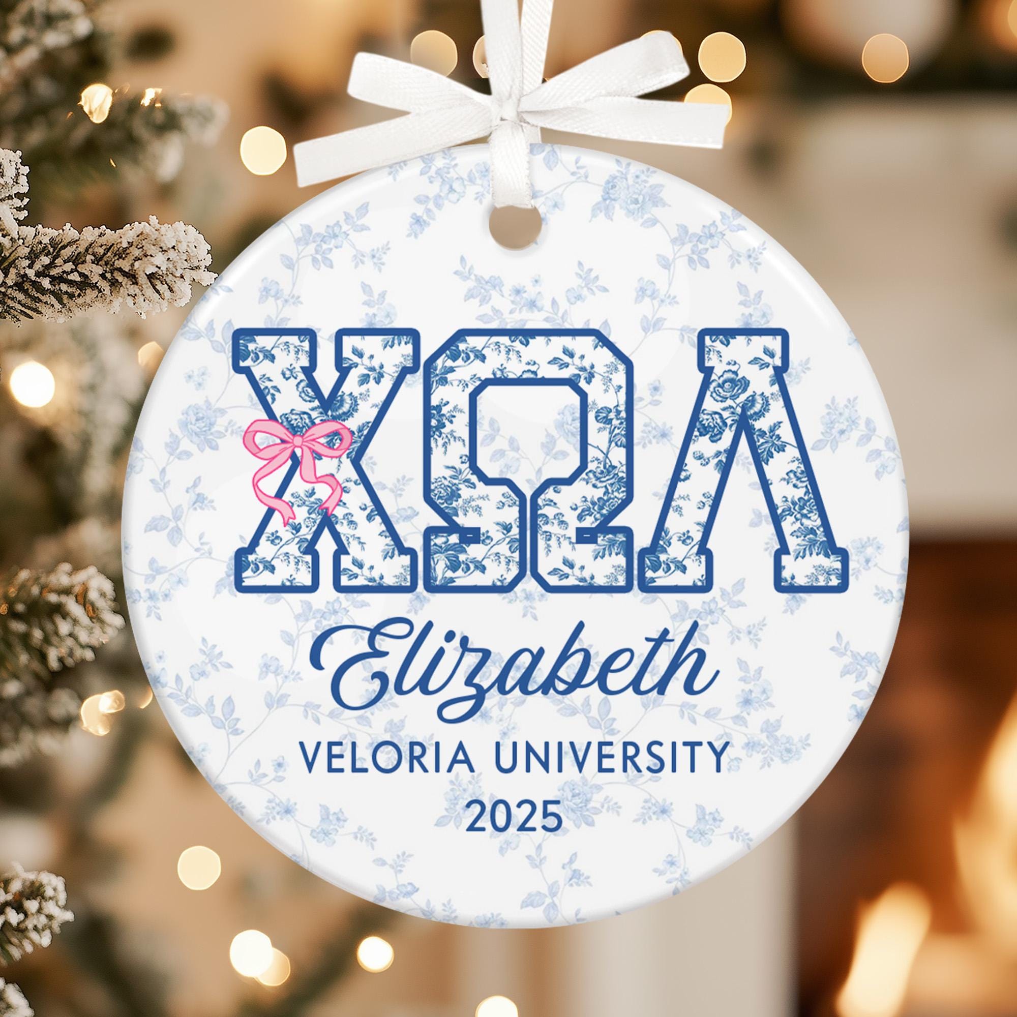 Custom Name Sorority Christmas Ornament: Blue Chinoiserie Decor