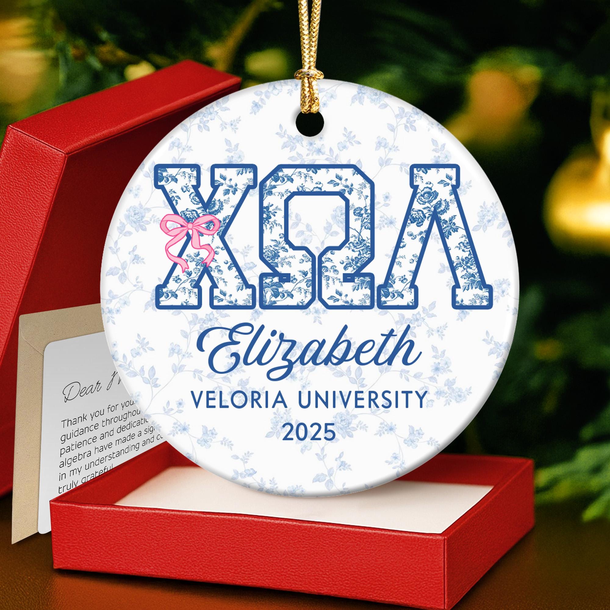 Custom Name Sorority Christmas Ornament: Blue Chinoiserie Decor