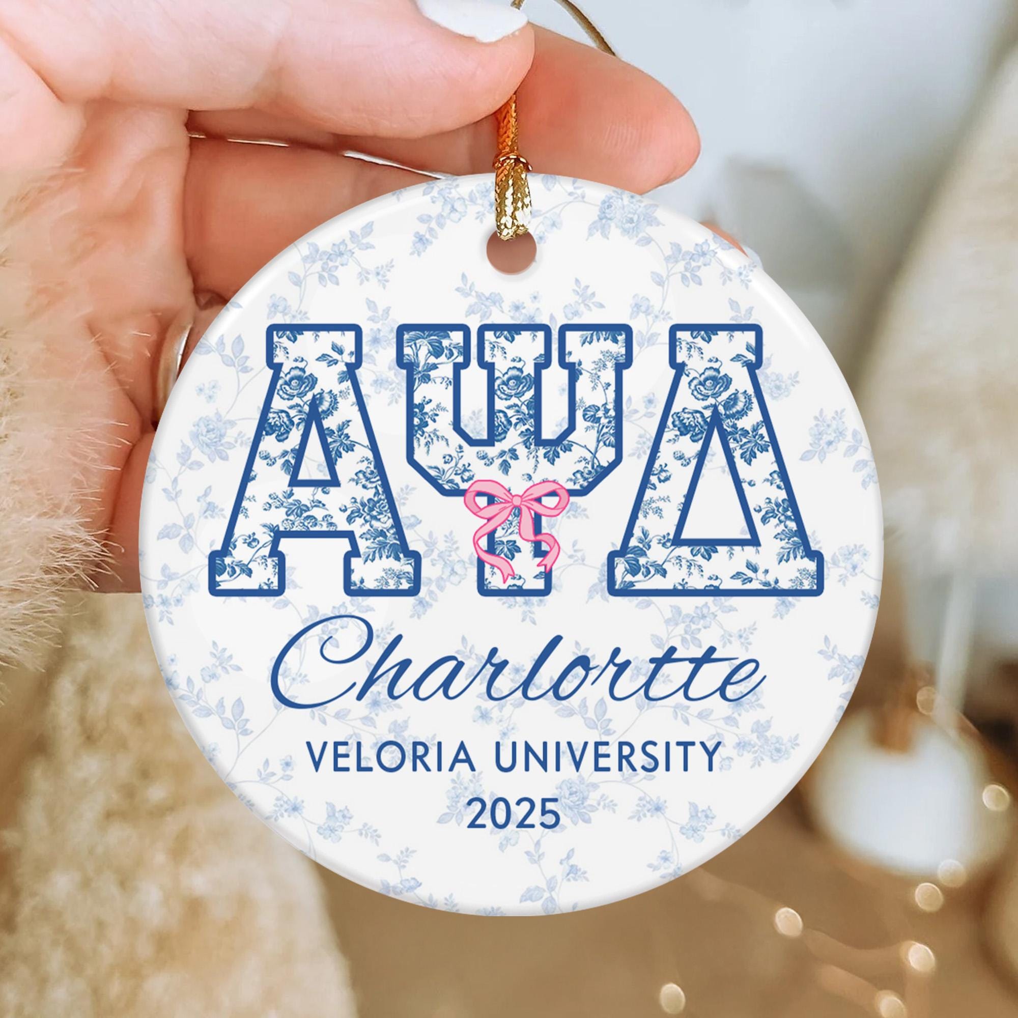 Custom Name Sorority Christmas Ornament: Blue Chinoiserie Decor