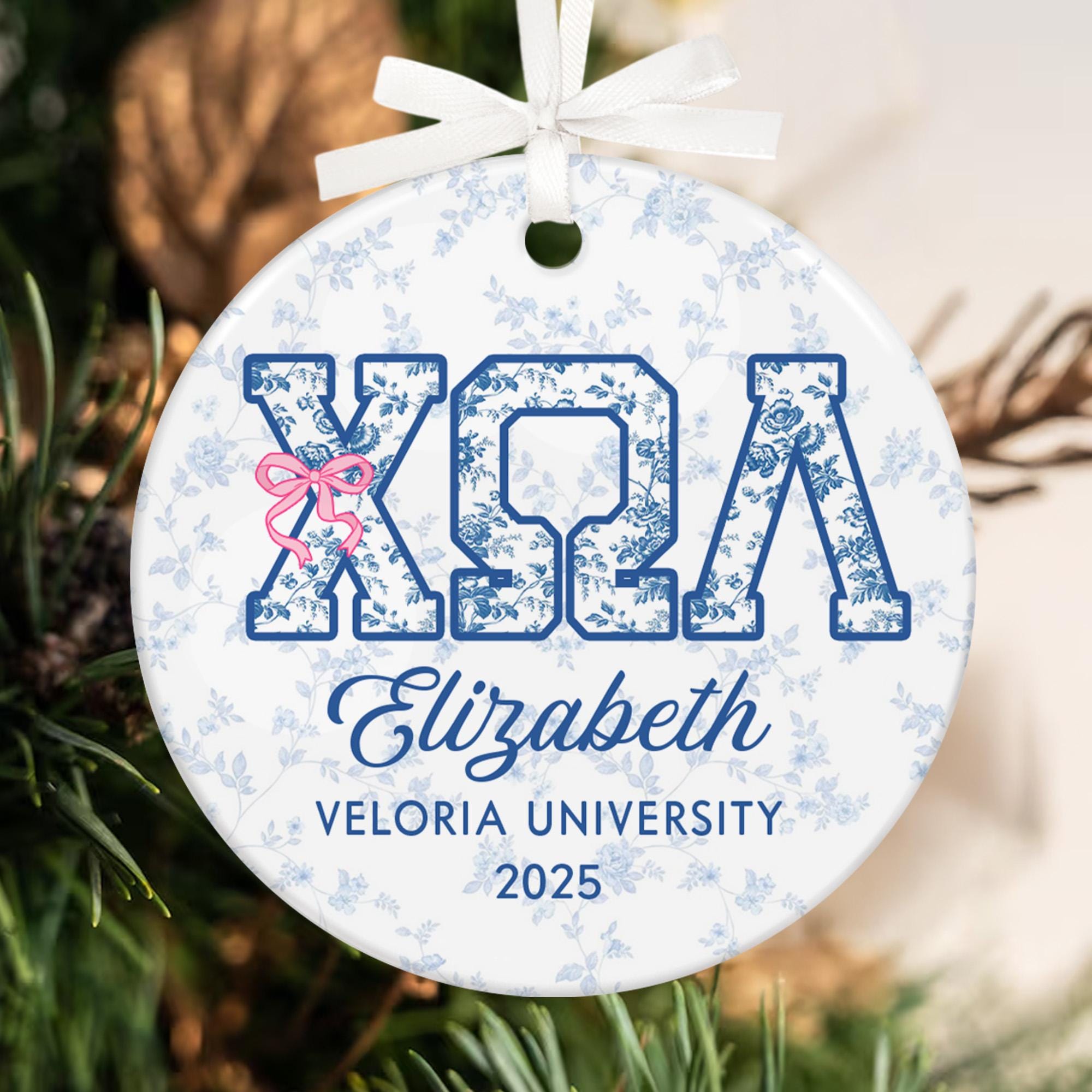 Custom Name Sorority Christmas Ornament: Blue Chinoiserie Decor