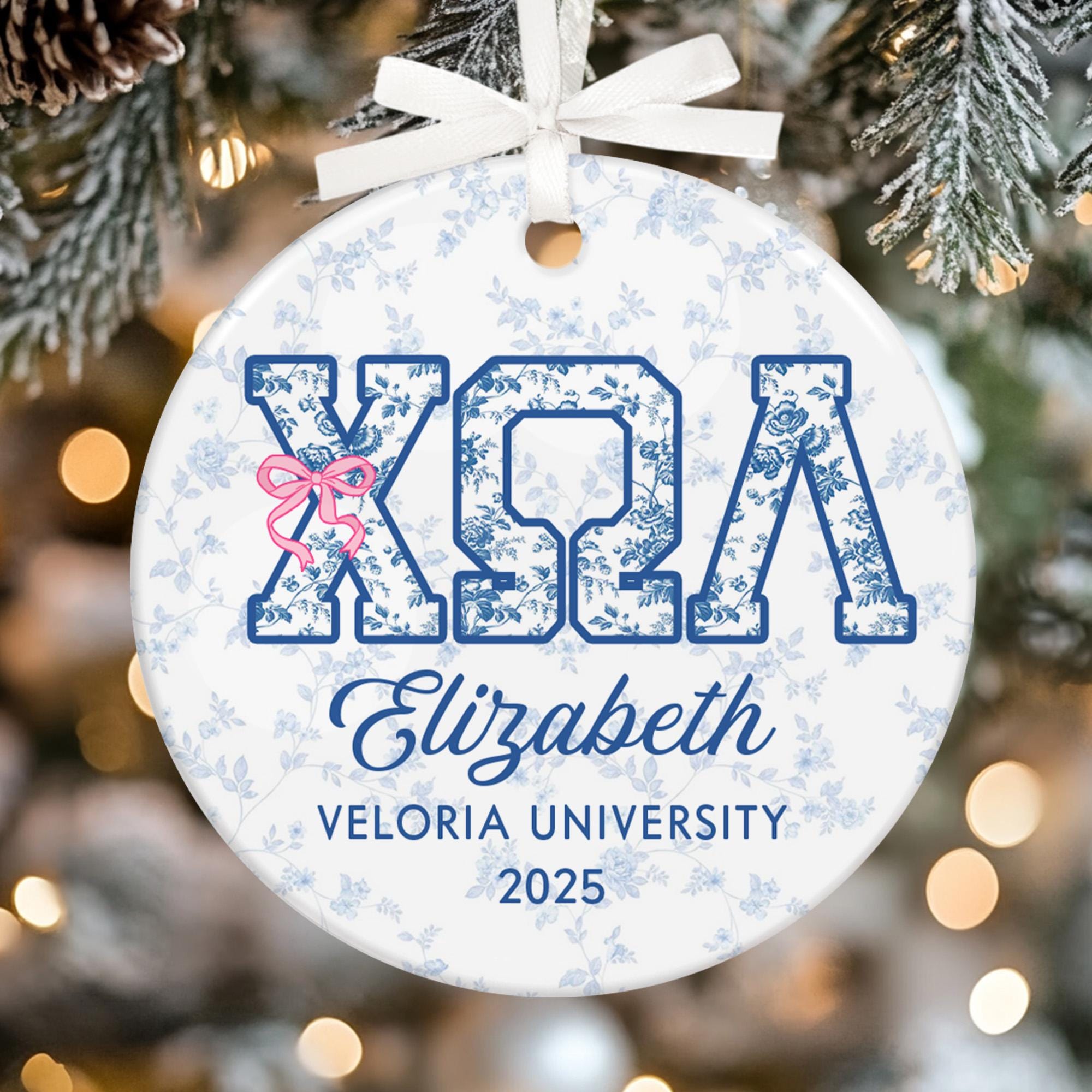 Custom Name Sorority Christmas Ornament: Blue Chinoiserie Decor