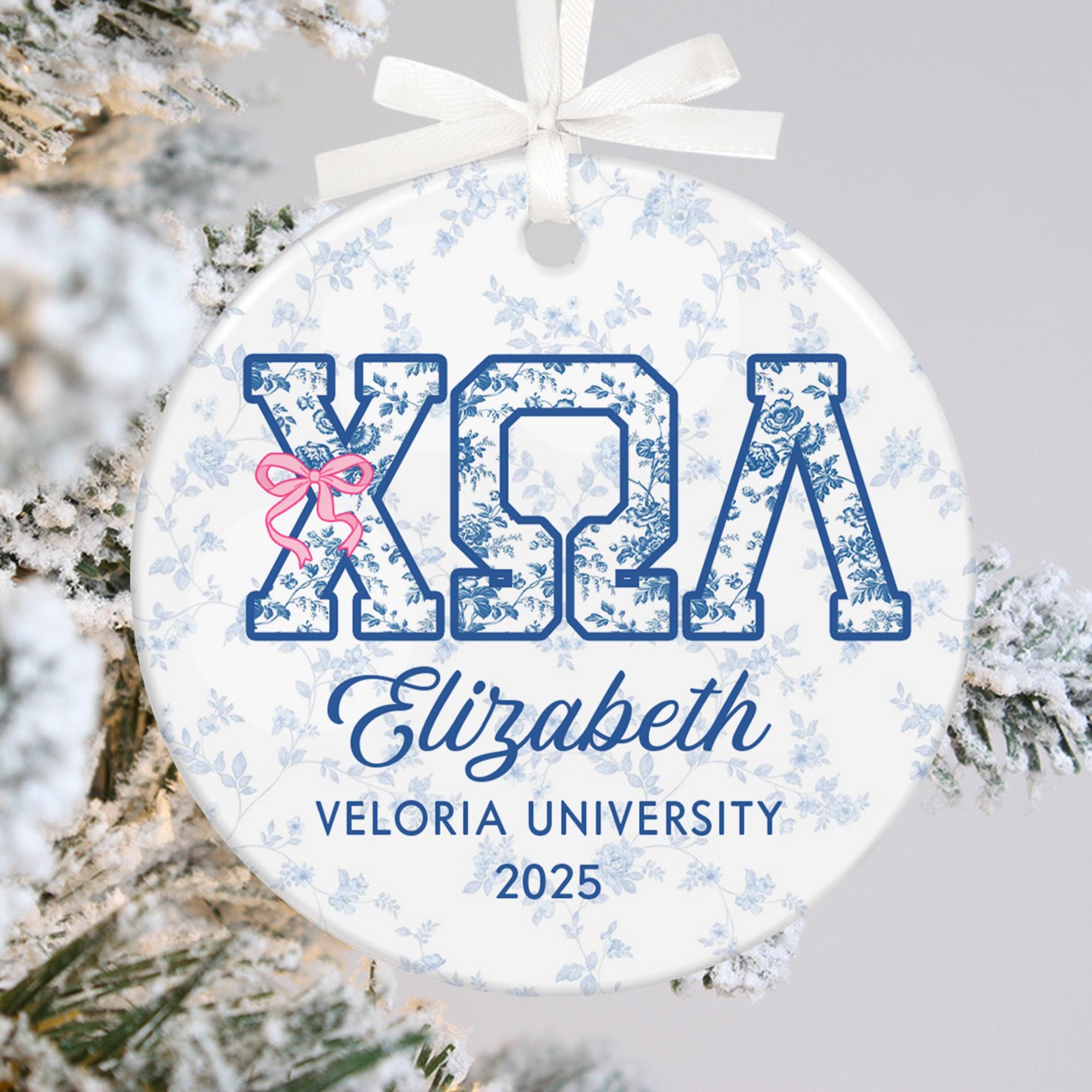 Custom Name Sorority Christmas Ornament: Blue Chinoiserie Decor