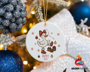Personalized Name Funny Goose on the Loose Christmas Ceramic Ornament, Xmas Gift, Decoration Christmas Spirit Keepsake Gift, Goose Xmas Tree