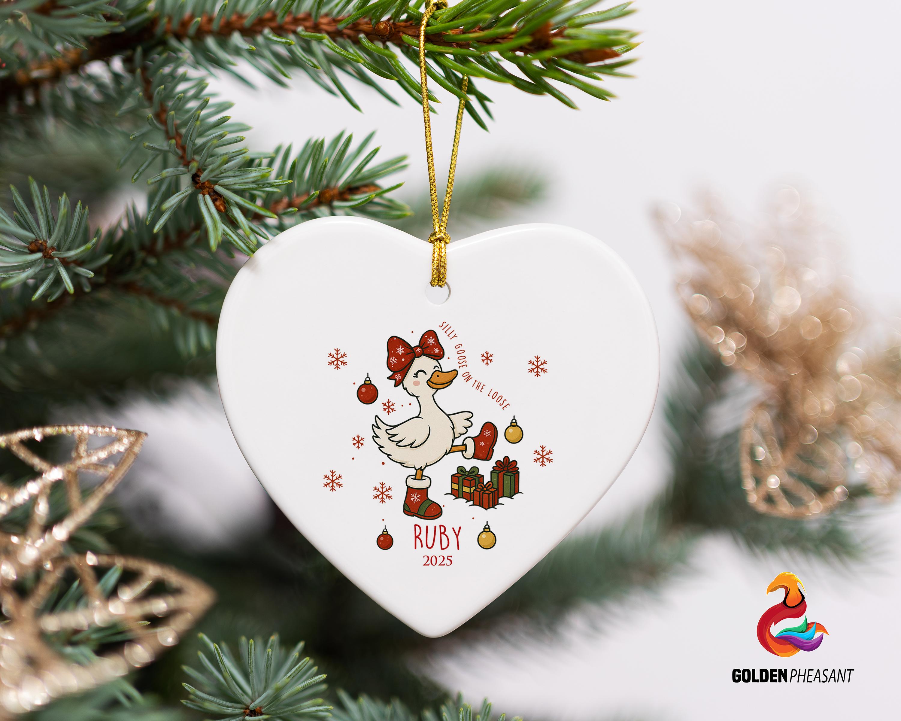 Personalized Name Funny Goose on the Loose Christmas Ceramic Ornament, Xmas Gift, Decoration Christmas Spirit Keepsake Gift, Goose Xmas Tree