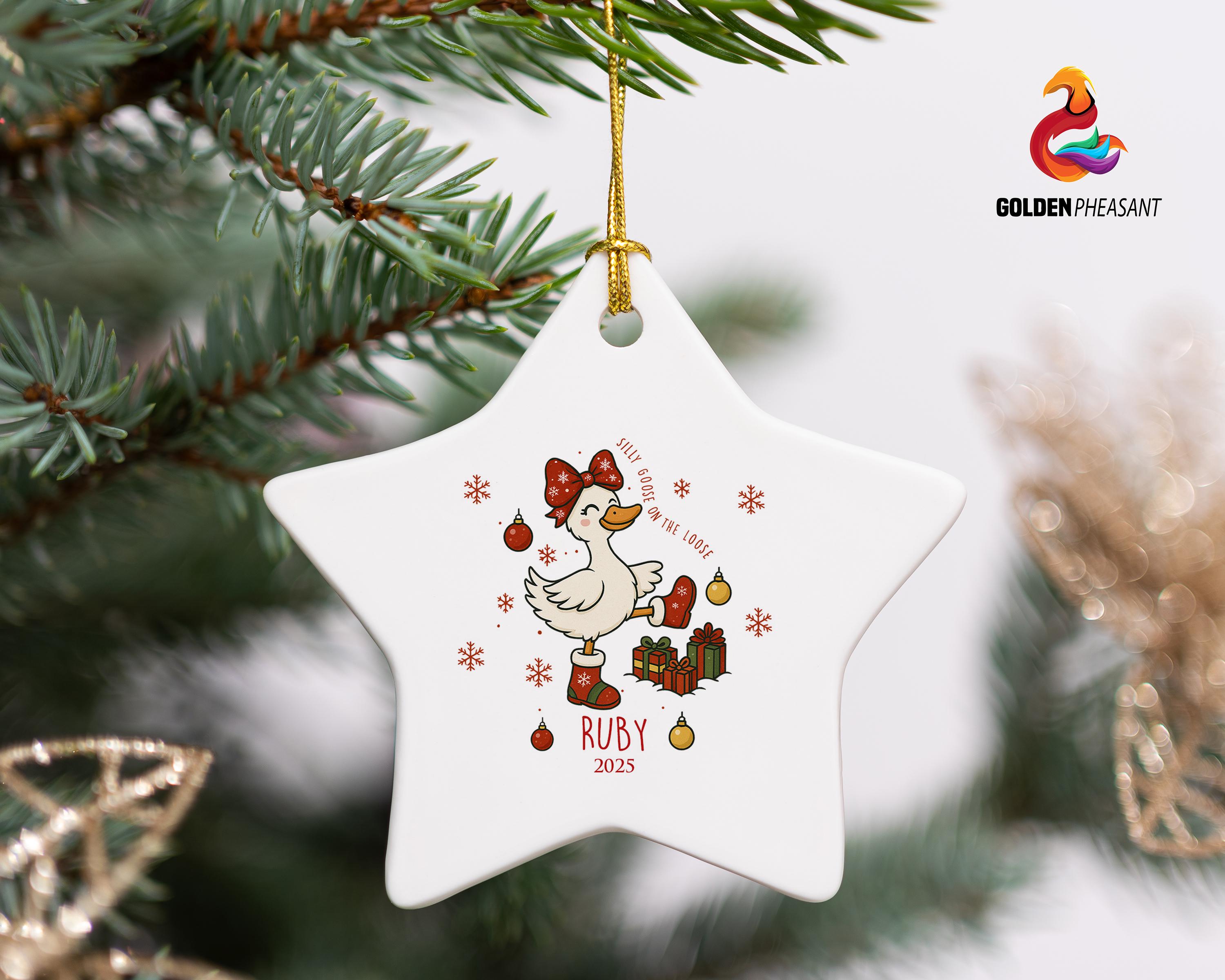 Personalized Name Funny Goose on the Loose Christmas Ceramic Ornament, Xmas Gift, Decoration Christmas Spirit Keepsake Gift, Goose Xmas Tree